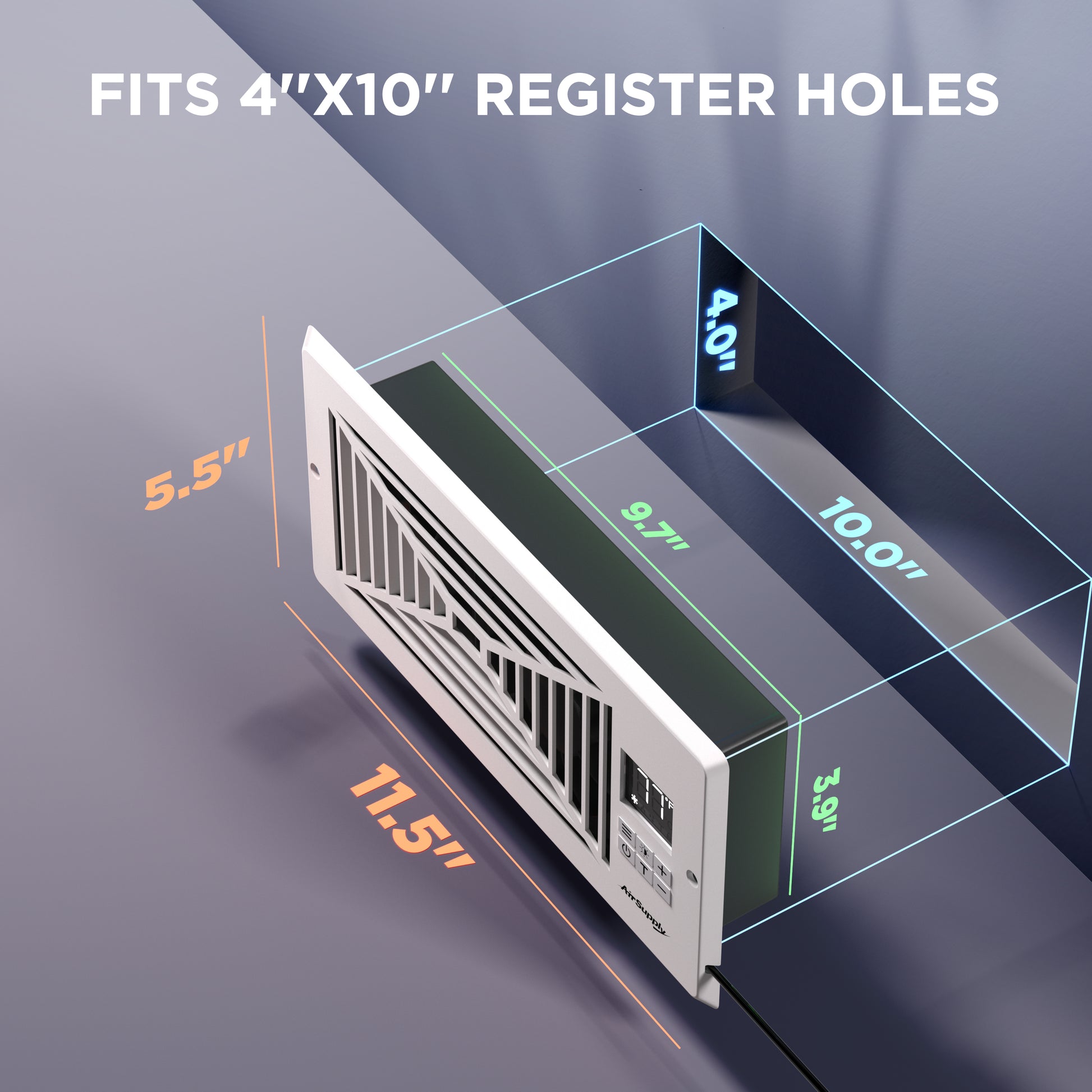 TURBRO Register Booster Fan, Fits 4” x 10” Register Holes, Enhances HVAC Airflow, 4-way Vent Grille, 10-speed Fan, Intelligent LCD Controller, Thermal Probe, Thermostat Control, Remote Control, White/Grey