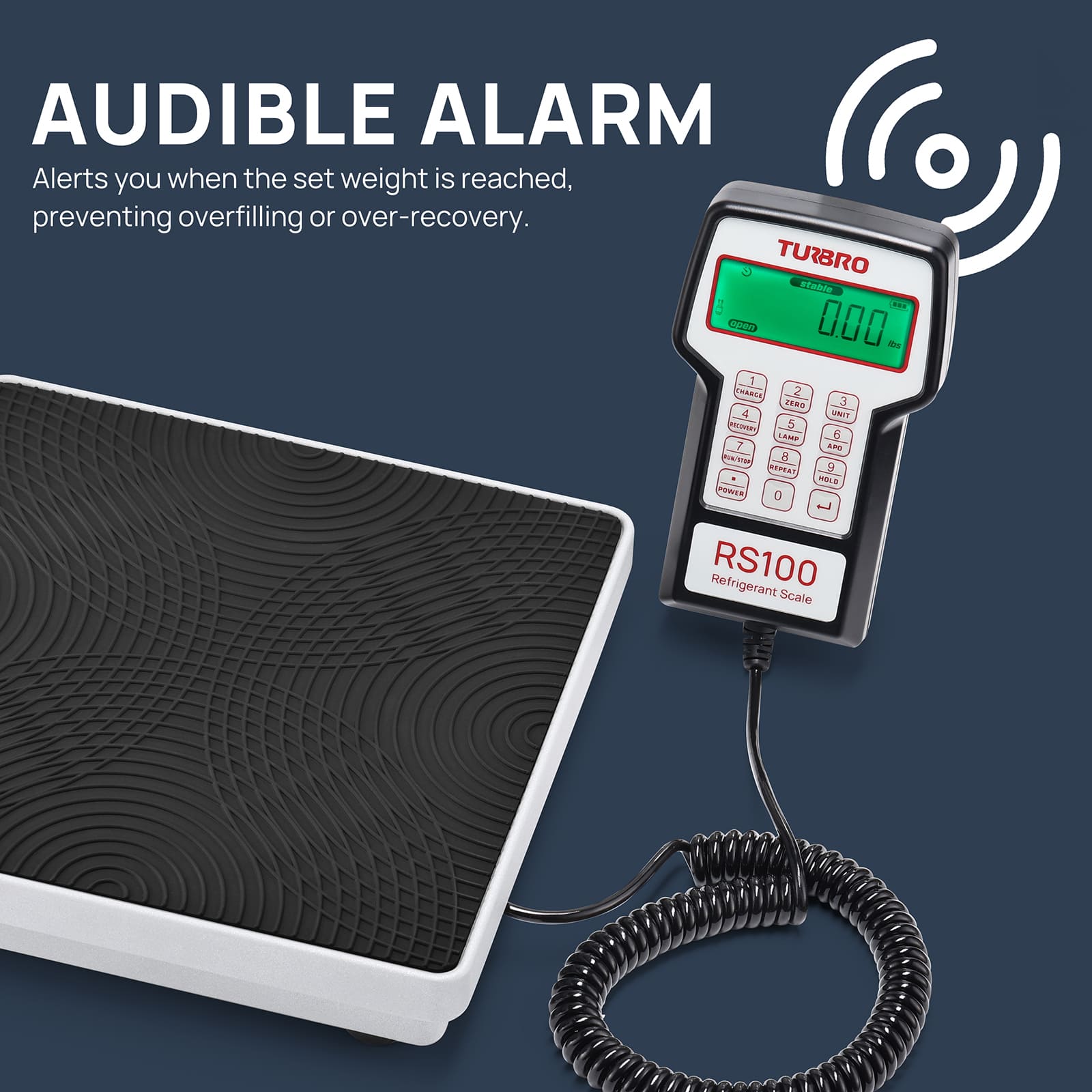 AUDIBLE ALARM
Alerts you when the set weight is reached, preventing overfilling or over-recovery