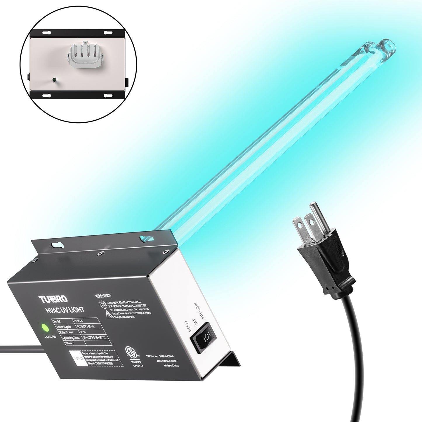 Turbo HVAC UV Light with power cord on a white background
