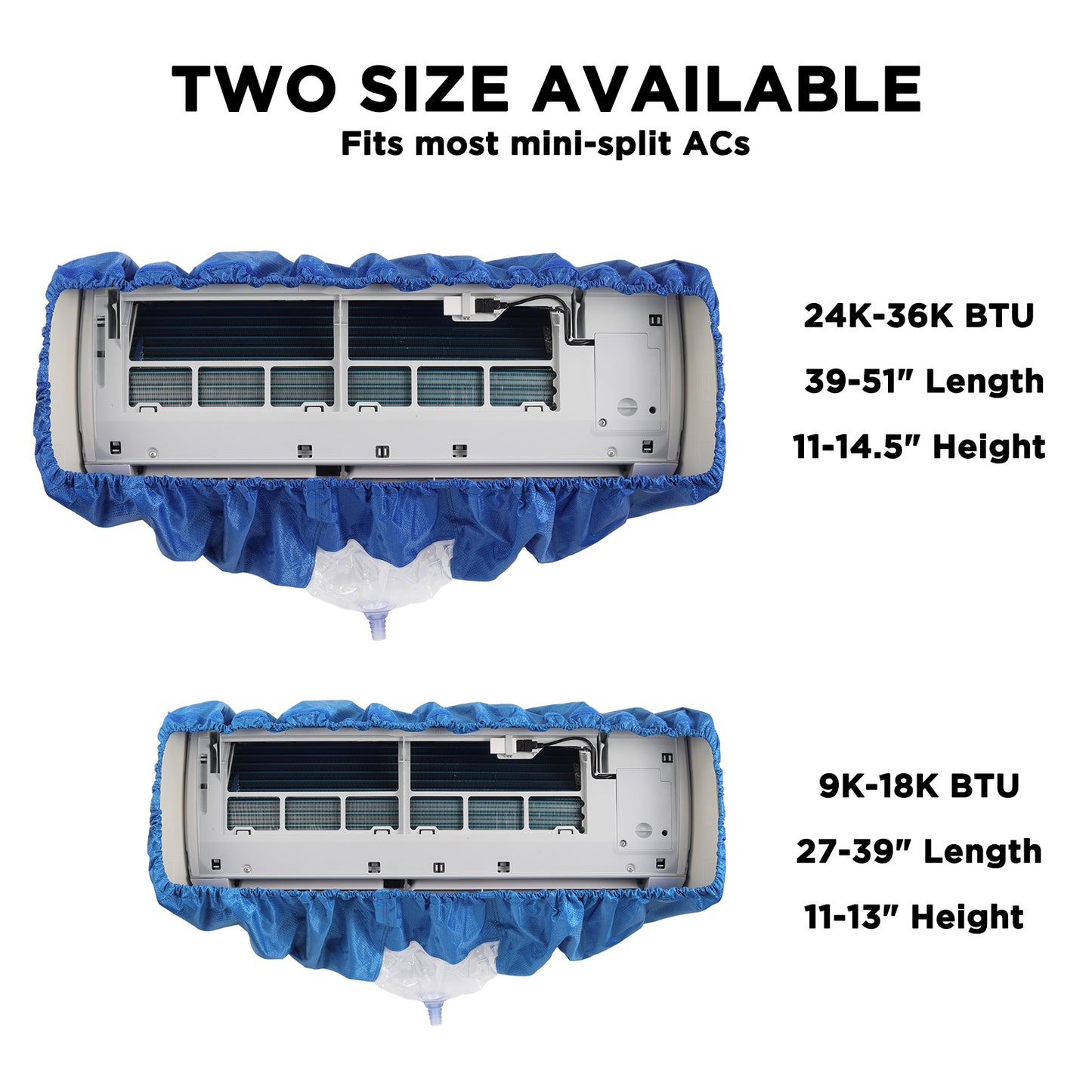 TURBRO Mini Split Air Conditioner Cleaning Kit, 27-39 in Long Waterproof Washing Cover with Brushes and A 9 ft Drain Hose, Fits Wall-Mounted 9,000 to 18,000 BTU Indoor Units, Light blue