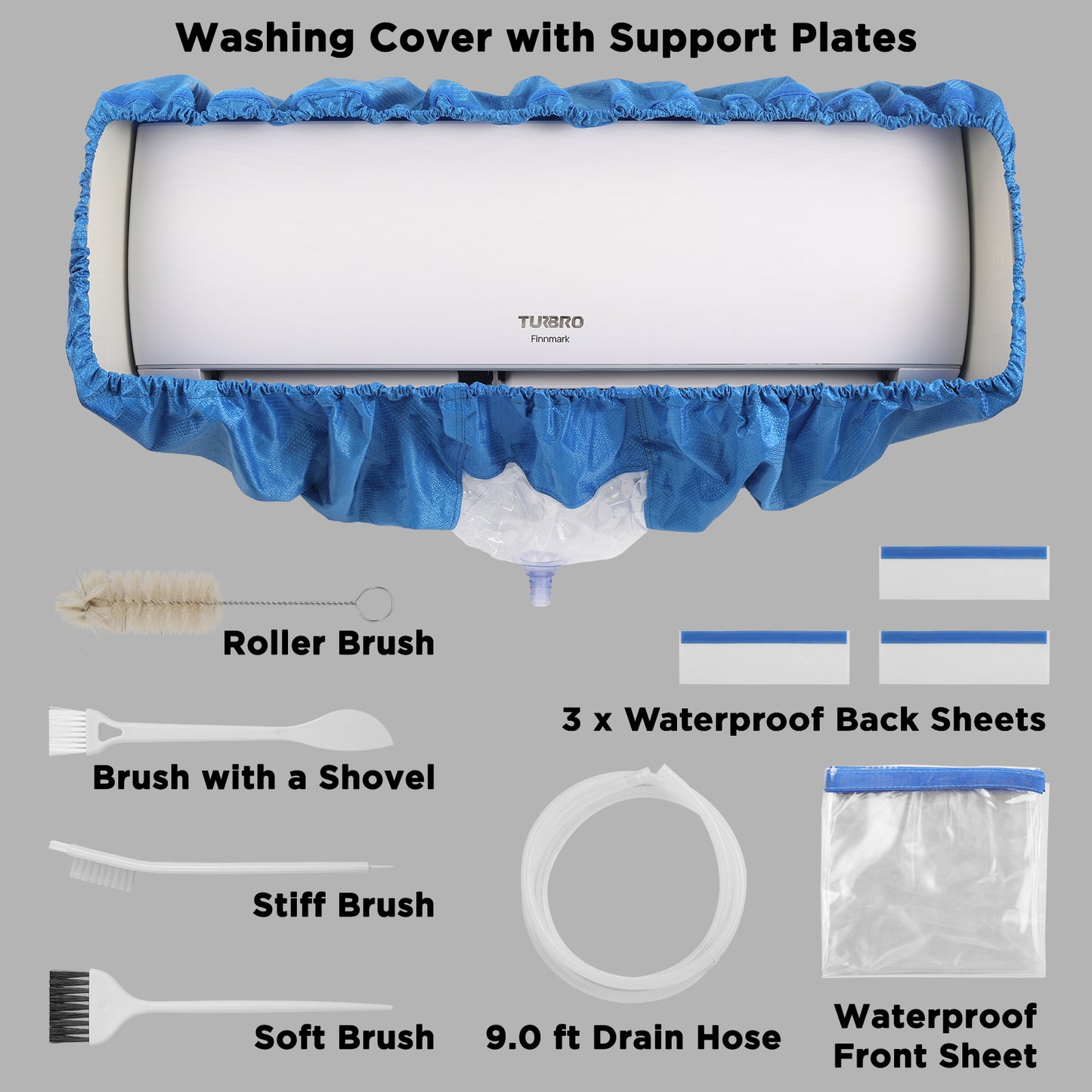 TURBRO Mini Split Air Conditioner Cleaning Kit, 27-39 in Long Waterproof Washing Cover with Brushes and A 9 ft Drain Hose, Fits Wall-Mounted 9,000 to 18,000 BTU Indoor Units, Light blue