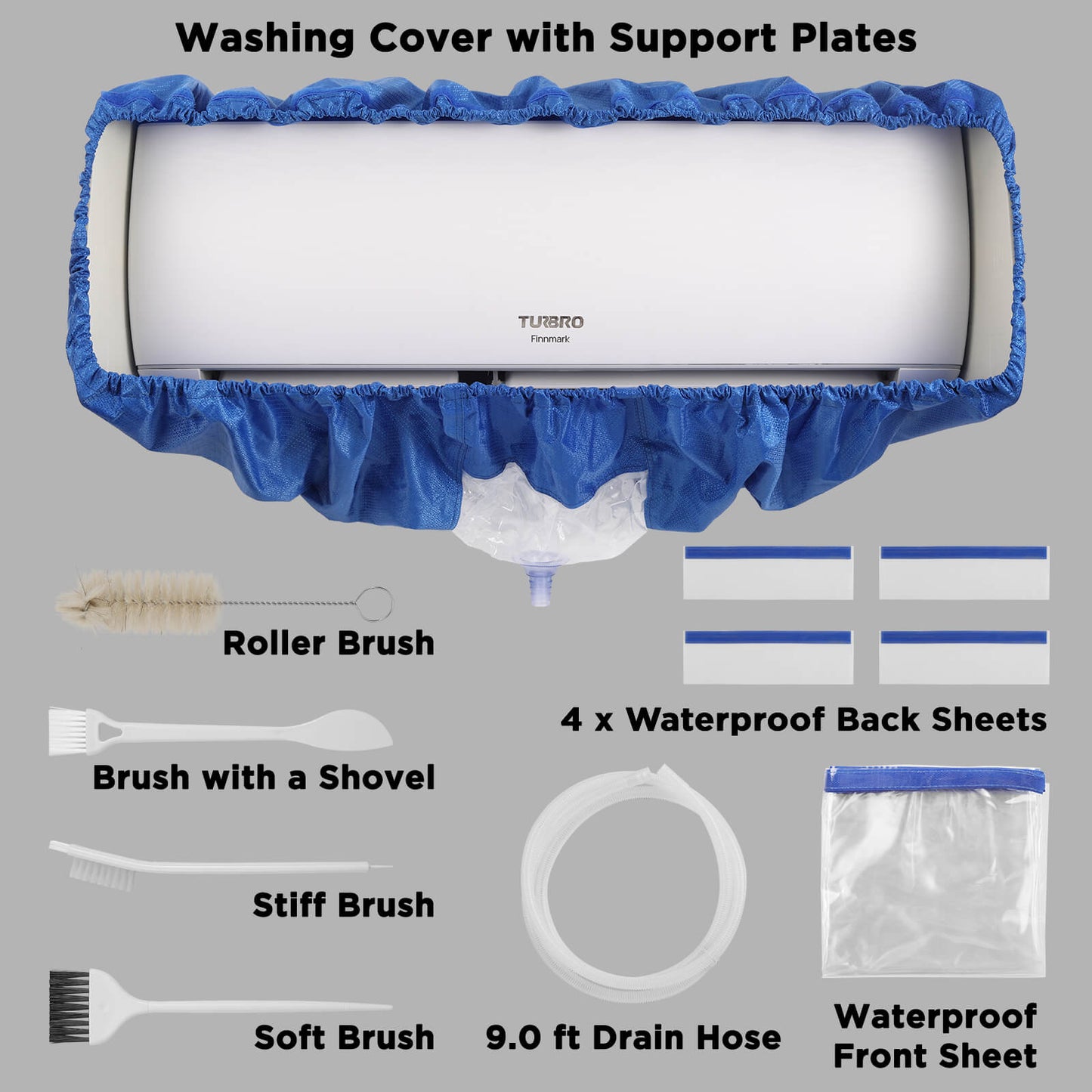 TURBRO Mini Split Air Conditioner Cleaning Kit, 39-51 in Long Waterproof Washing Cover with Brushes and A 9 ft Drain Hose, Fits Wall-Mounted 24,000 to 36,000 BTU Indoor Units, Dark blue