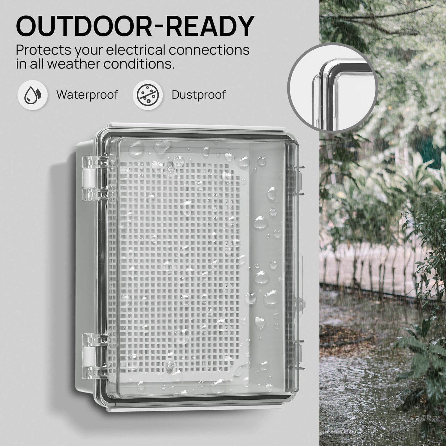 OUTDOOR-READY
Protects your electrical connections in all weather conditions.
IP67 Waterproof
Dustproof