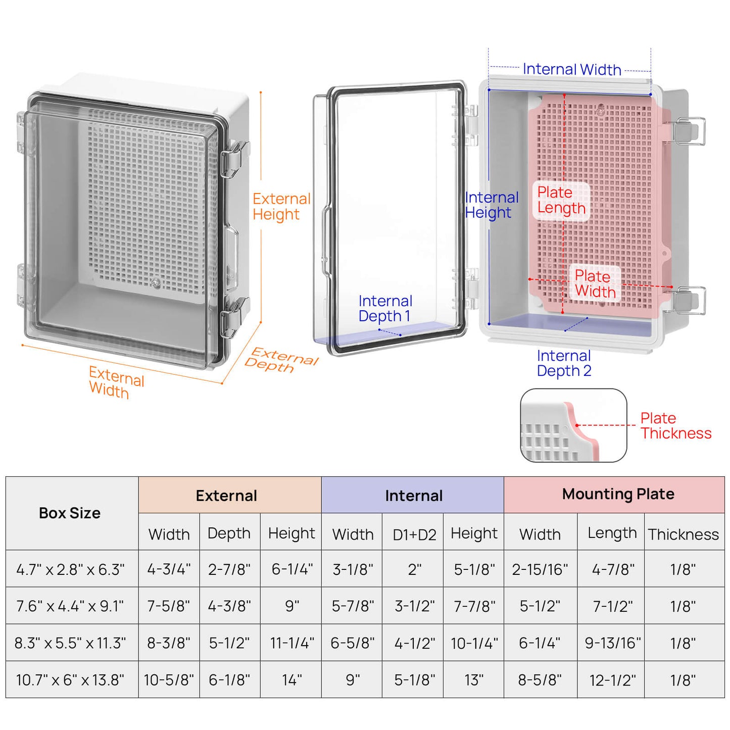 External Height
External Width
External Depth
Internal Height
Internal Width
Internal Depth
Plate Length
Plate Width
Plate Thickness