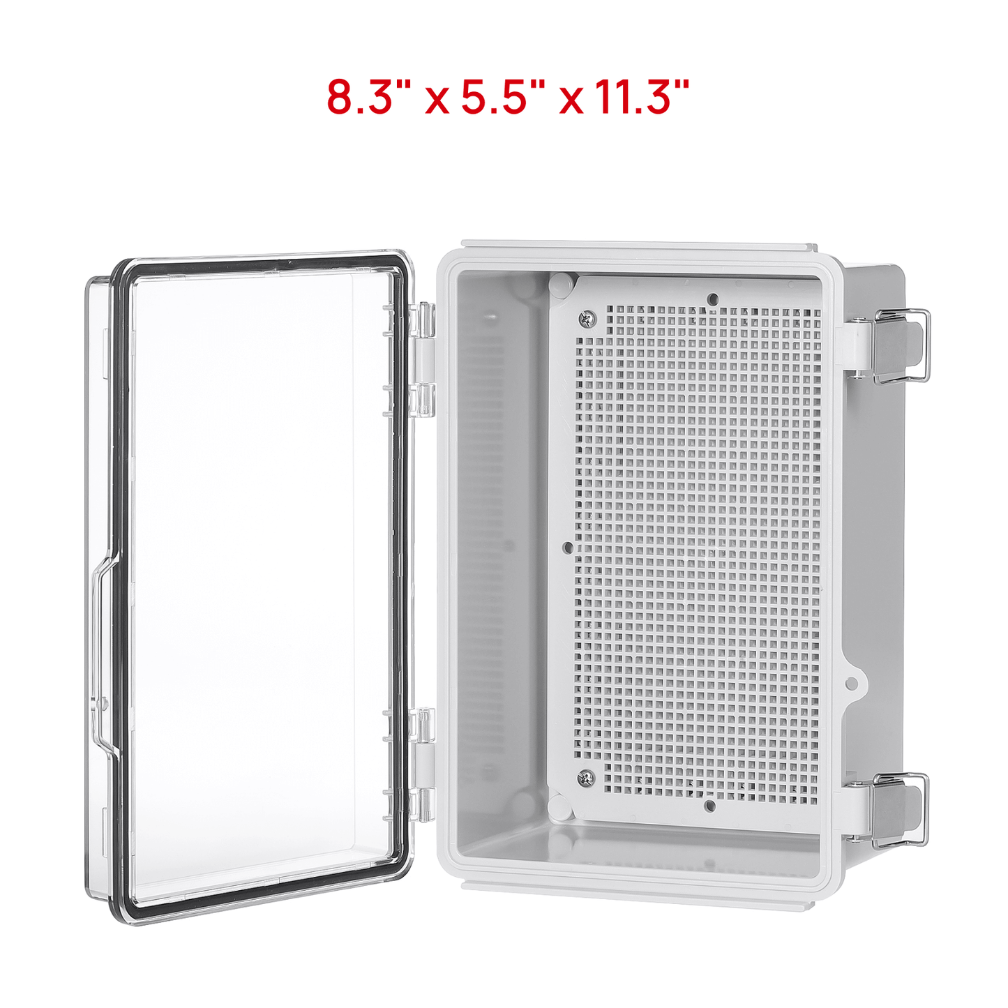 TURBRO Outdoor Electrical Waterproof Junction Box with Latches, ABS Plastic Enclosure Box with Mounting Plate and 304 Stainless Steel Wall Brackets, Hinged Transparent Cover, 8.3" x 5.5" x 11.3"