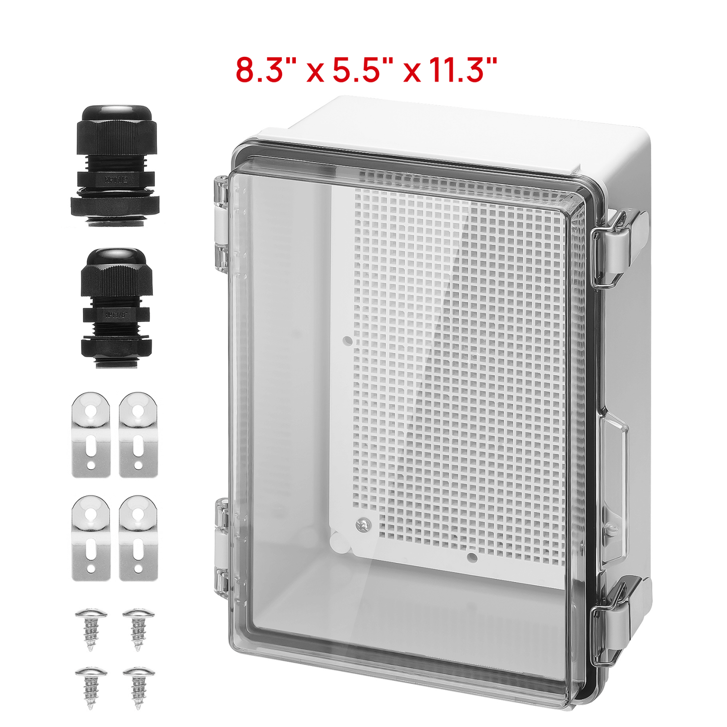 TURBRO Outdoor Electrical Waterproof Junction Box with Latches, ABS Plastic Enclosure Box with Mounting Plate and 304 Stainless Steel Wall Brackets, Hinged Transparent Cover, 8.3" x 5.5" x 11.3"