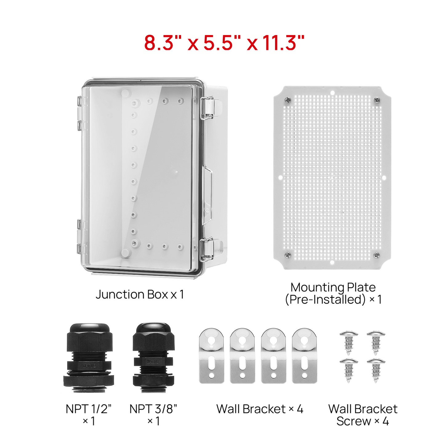 TURBRO Outdoor Electrical Waterproof Junction Box with Latches, ABS Plastic Enclosure Box with Mounting Plate and 304 Stainless Steel Wall Brackets, Hinged Transparent Cover, 8.3" x 5.5" x 11.3"