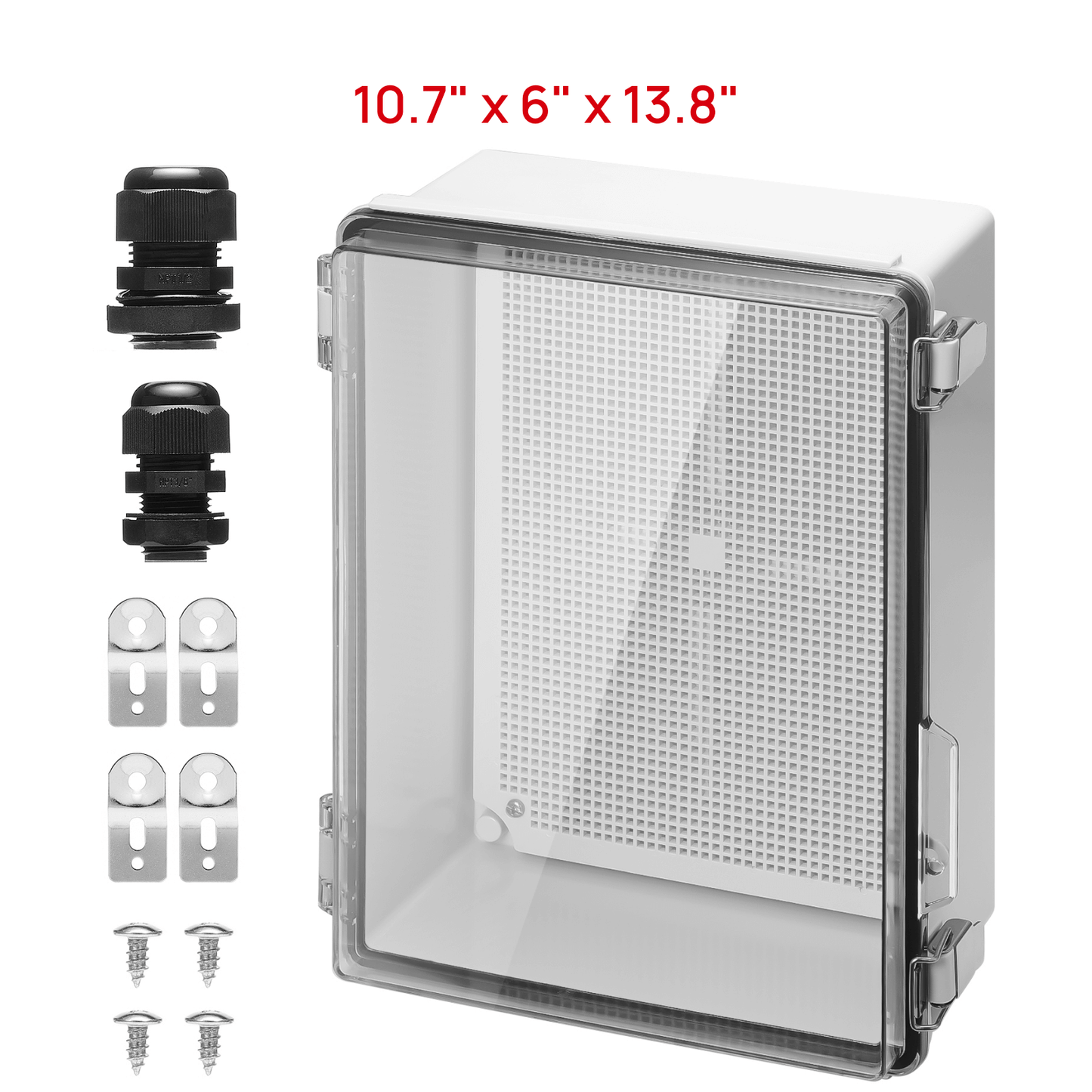 TURBRO Outdoor Electrical Waterproof Junction Box with Latches, ABS Plastic Enclosure Box with Mounting Plate and 304 Stainless Steel Wall Brackets, Hinged Transparent Cover, 10.7" x 6" x 13.8"