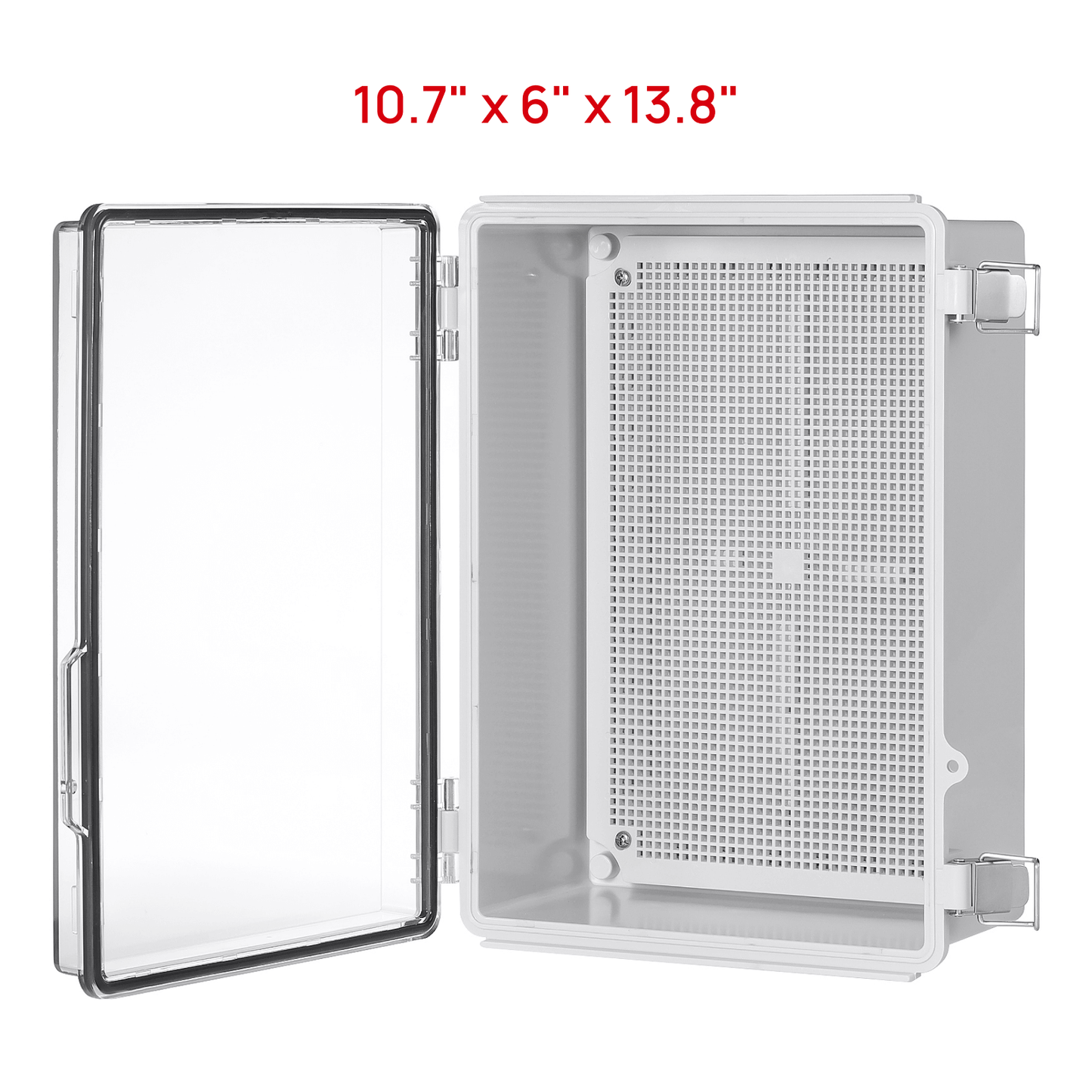 TURBRO Outdoor Electrical Waterproof Junction Box with Latches, ABS Plastic Enclosure Box with Mounting Plate and 304 Stainless Steel Wall Brackets, Hinged Transparent Cover, 10.7" x 6" x 13.8"