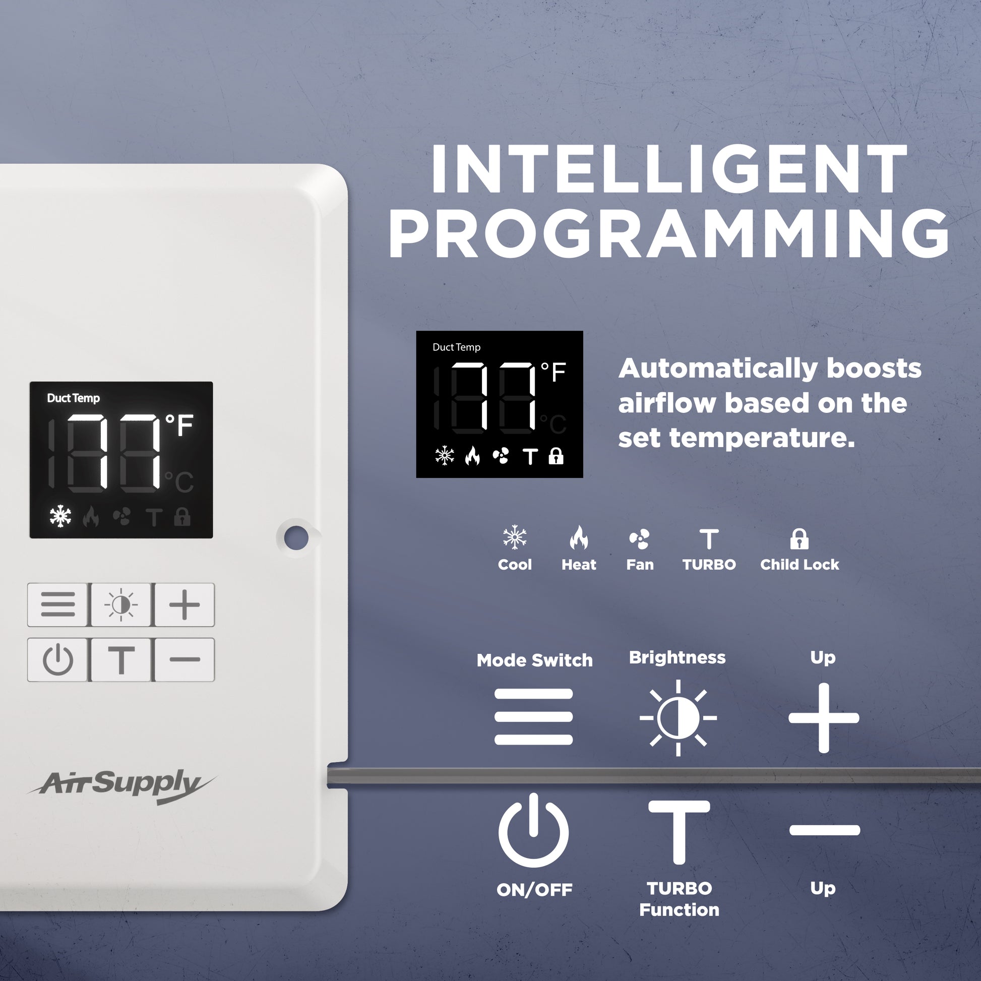 TURBRO Register Booster Fan, Fits 4” x 10” Register Holes, Enhances HVAC Airflow, 4-way Vent Grille, 10-speed Fan, Intelligent LCD Controller, Thermal Probe, Thermostat Control, Remote Control, White/Grey