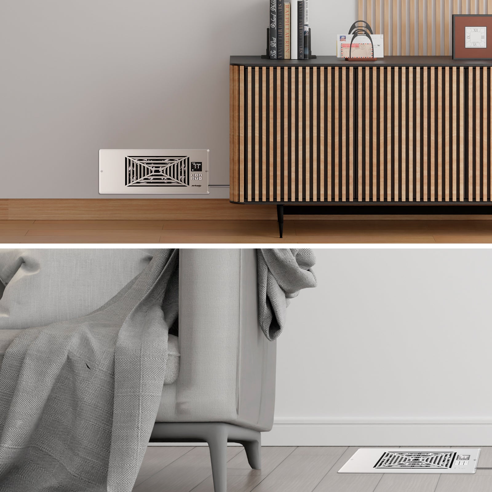 TURBRO Register Booster Fan, Fits 4” x 10” Register Holes, Enhances HVAC Airflow, 4-way Vent Grille, 10-speed Fan, Intelligent LCD Controller, Thermal Probe, Thermostat Control, Remote Control, White/Grey