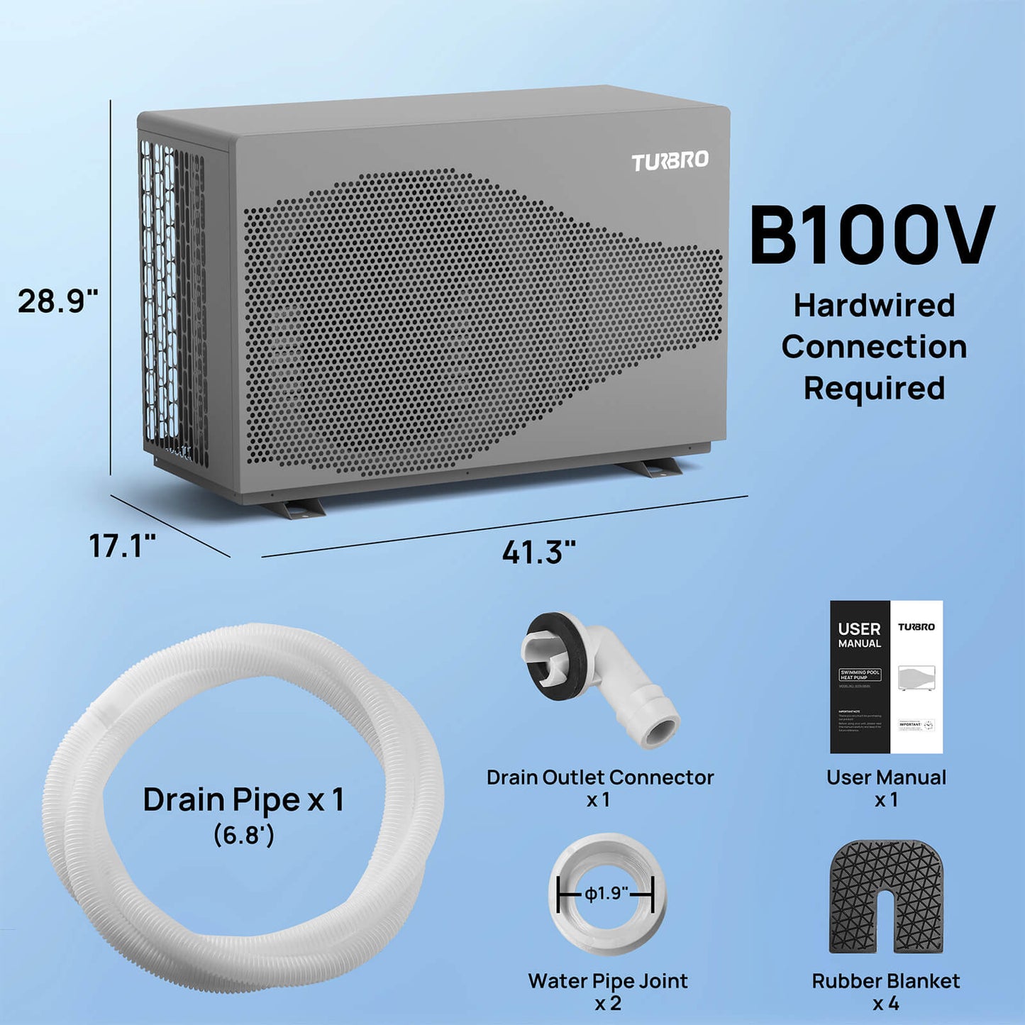 TURBRO B100V air conditioning unit with accessories on a blue background
