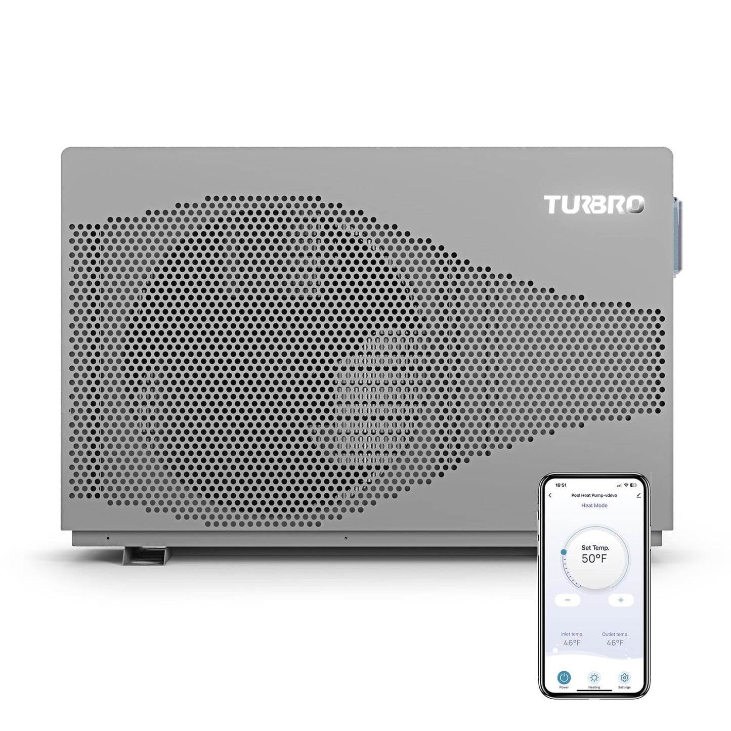 Gray pool heat pump with smartphone displaying temperature control app on a white background