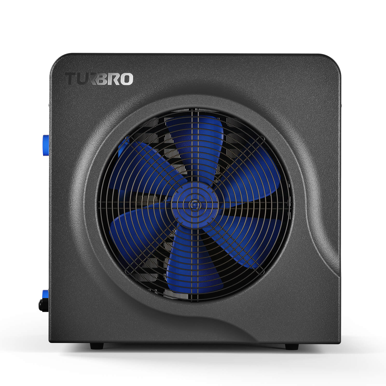 Black pool heat pump with blue blades on a white background
