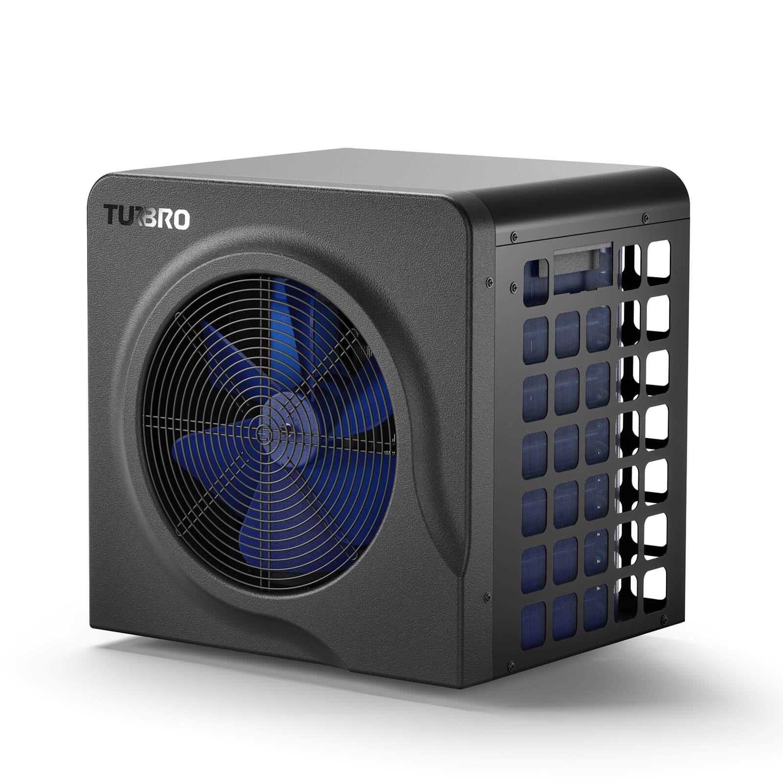 Black pool heat pump with blue blades on a white background