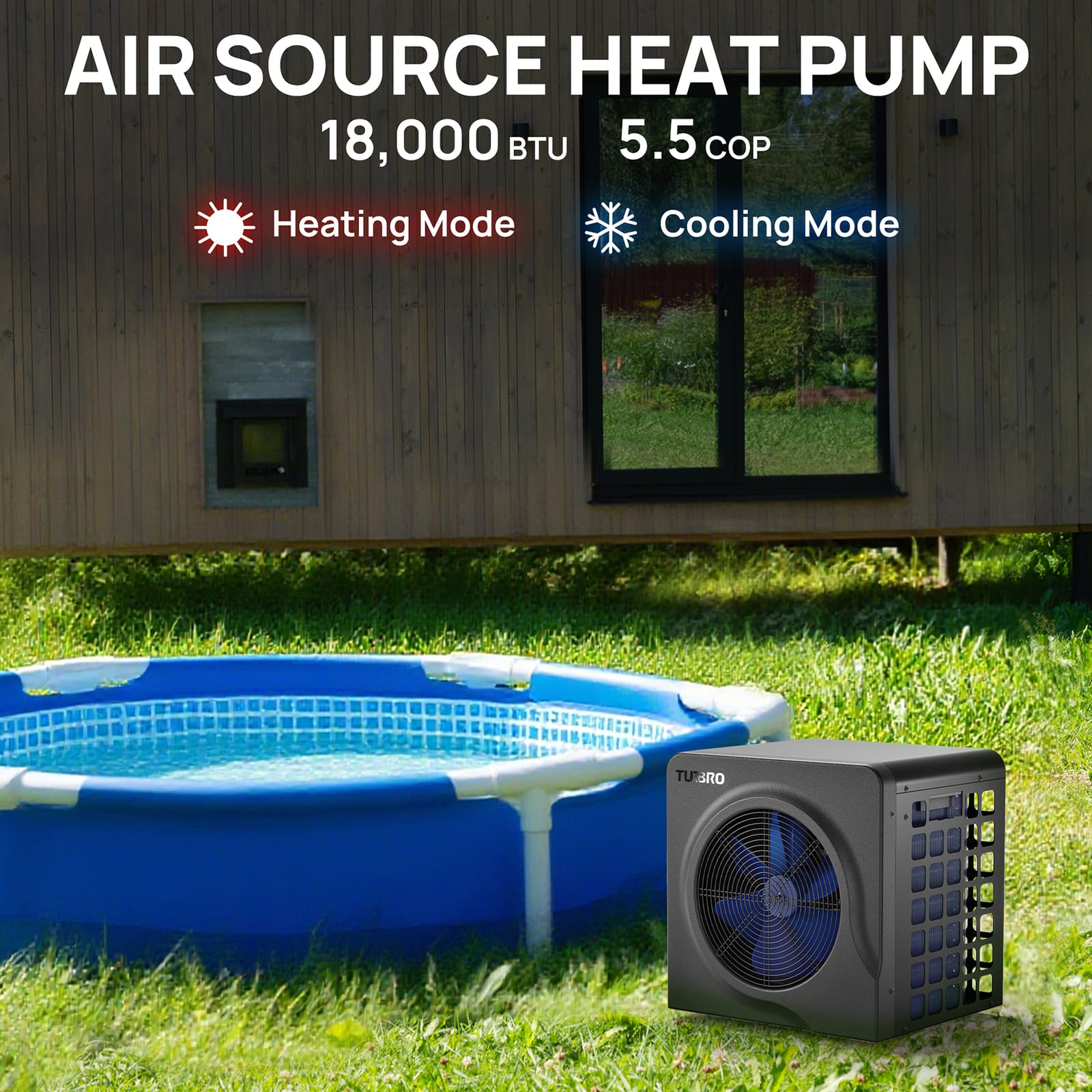 Air source heat pump next to a pool with text indicating BTU and COP values.