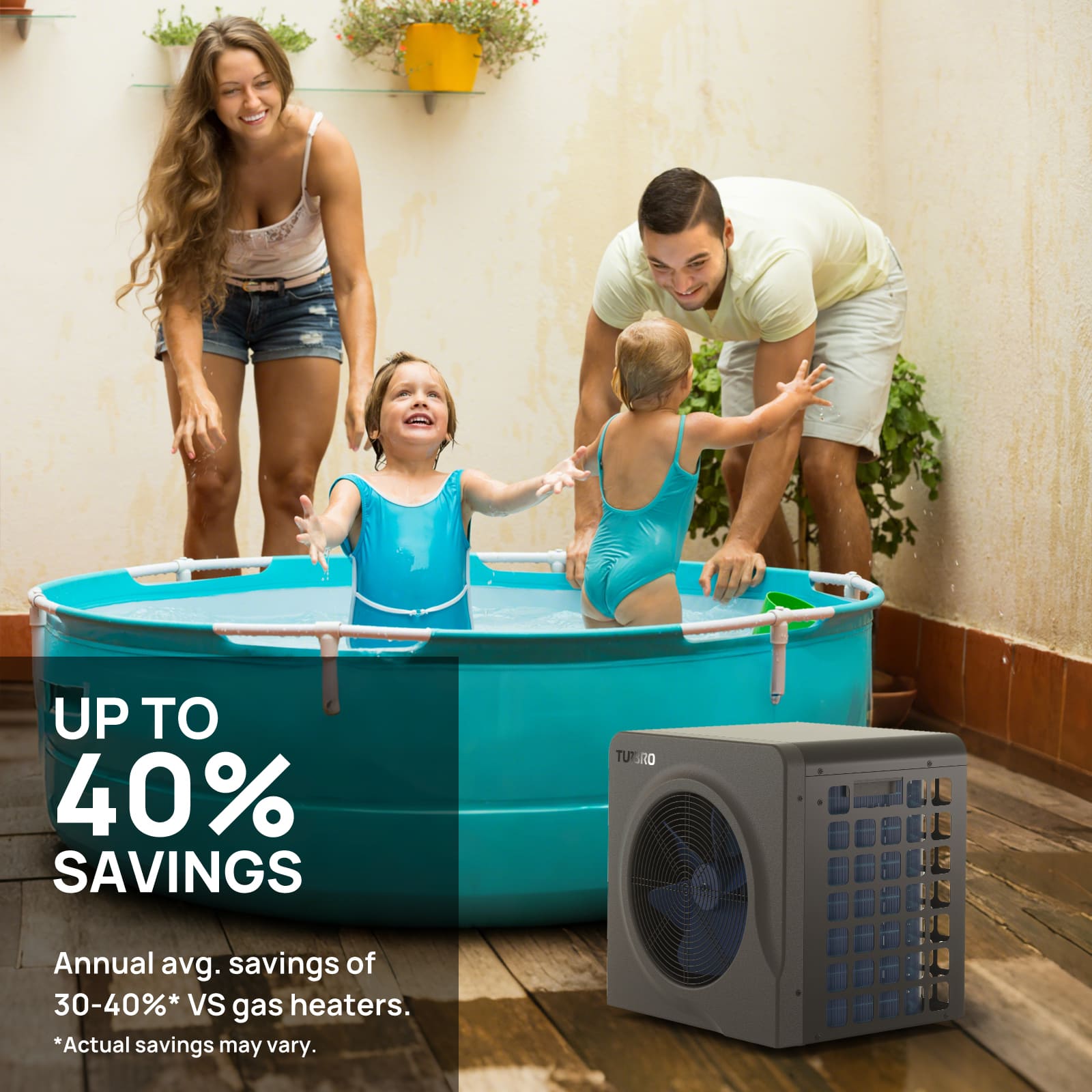 Family with children playing in a portable pool with a pool heat pump unit in the foreground.