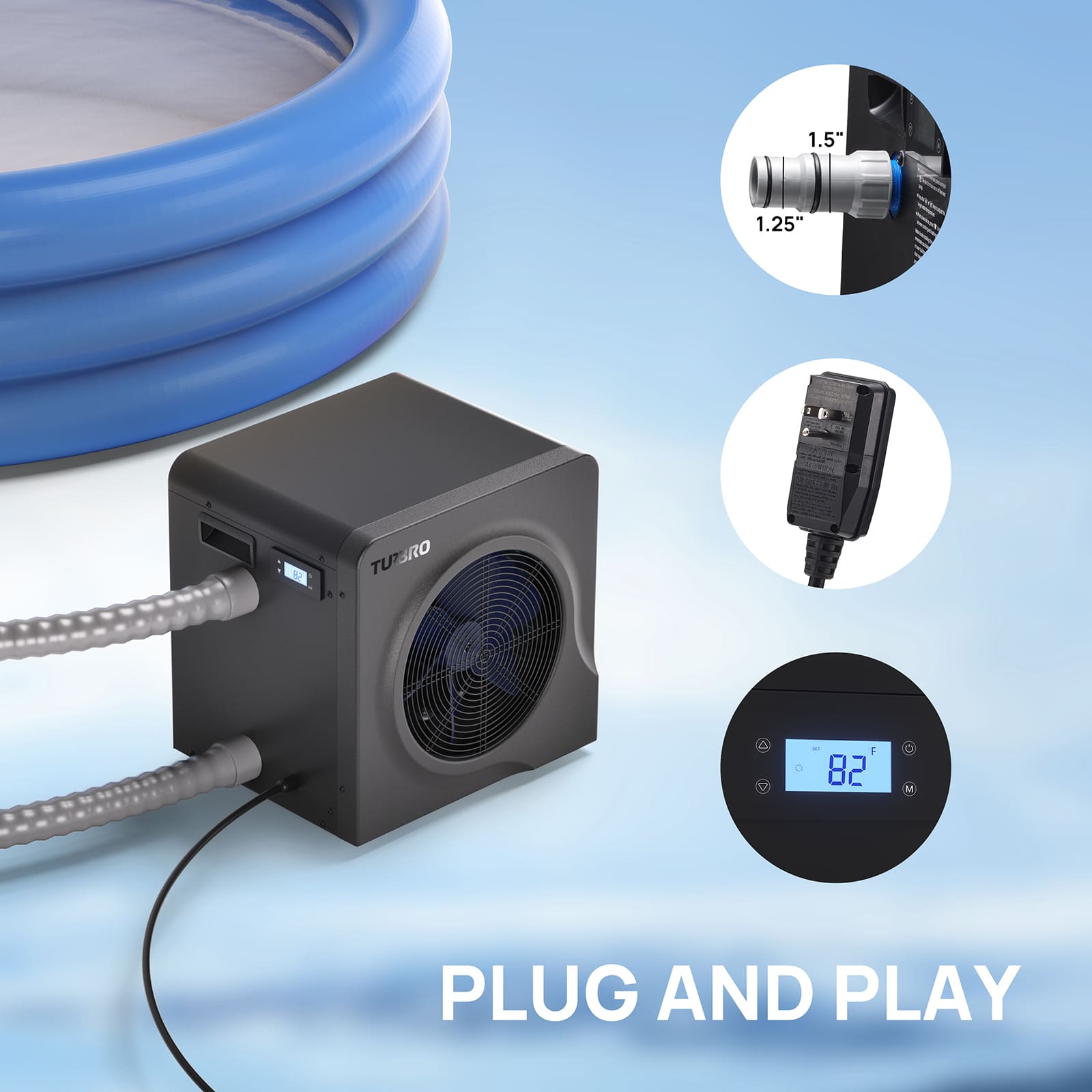 Turbo heat pump system with hoses, connectors, and digital display on a light blue background.