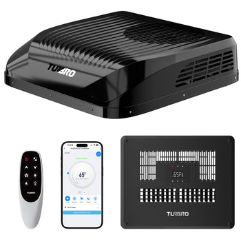 Turbro RV air conditioner with remote control and smartphone app on a white background ,view 2