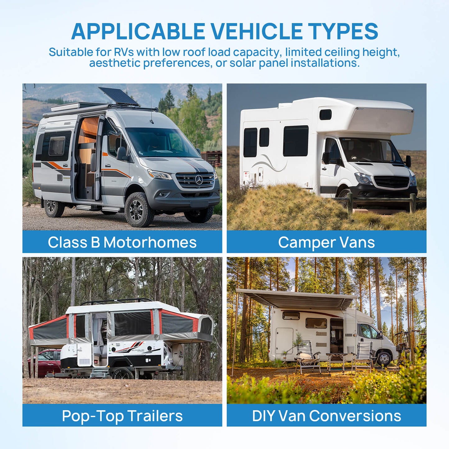 APPLICABLE VEHICLE TYPES
Suitable for RVs with low roof load capacity, limited ceiling height, aesthetic preferences, or solar panel installations.
Class B Motorhomes
Camper Vans
Pop-Top Trailers
DIY Van Conversions