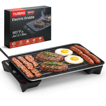 Turbo electric griddle with food on a white background ,view 2