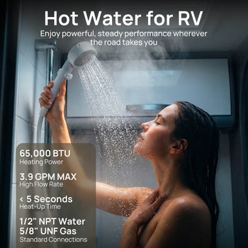 Person showering with text about hot water for RV, including specifications. ,view 2