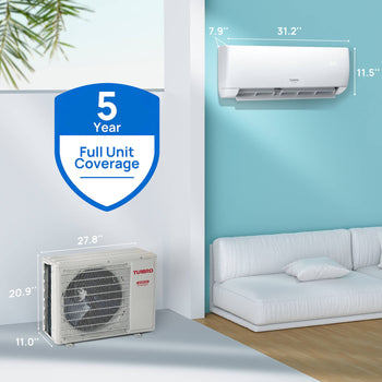 Air conditioning unit with dimensions and 5-year full unit coverage badge in a room with a sofa and plant. ,view 2