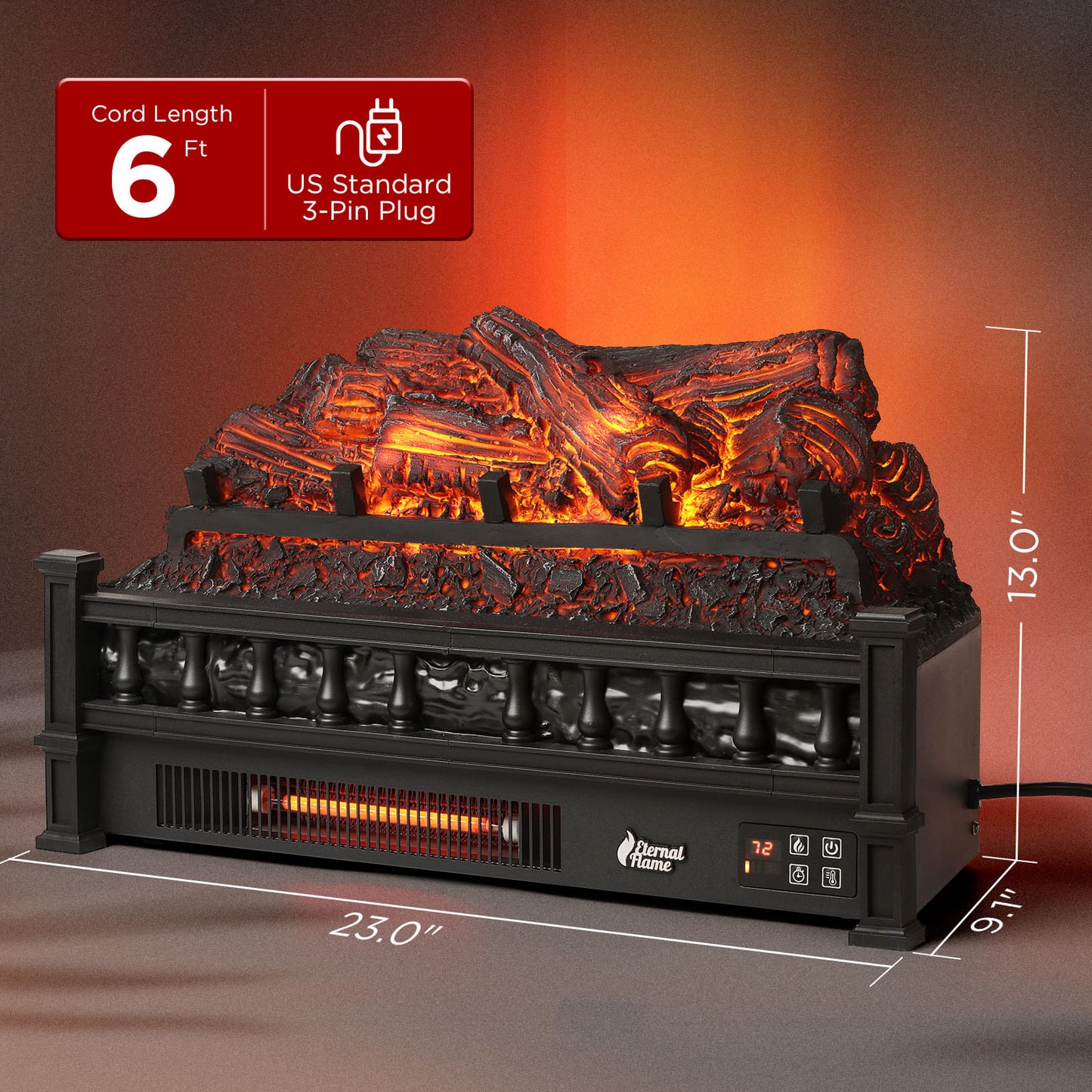 TURBRO Eternal Flame EF23-PB Electric Fireplace Logs, 23" Remote Control Fireplace Insert Log Heater, Realistic Pinewood Ember Bed, Thermostat, Timer, 1400W Black