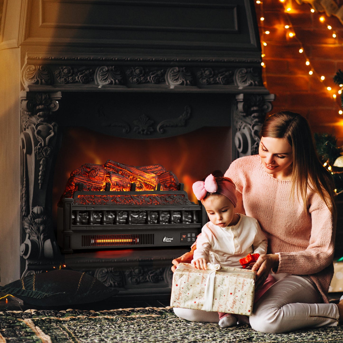TURBRO Eternal Flame EF23-PB Electric Fireplace Logs, 23" Remote Control Fireplace Insert Log Heater, Realistic Pinewood Ember Bed, Thermostat, Timer, 1400W Black