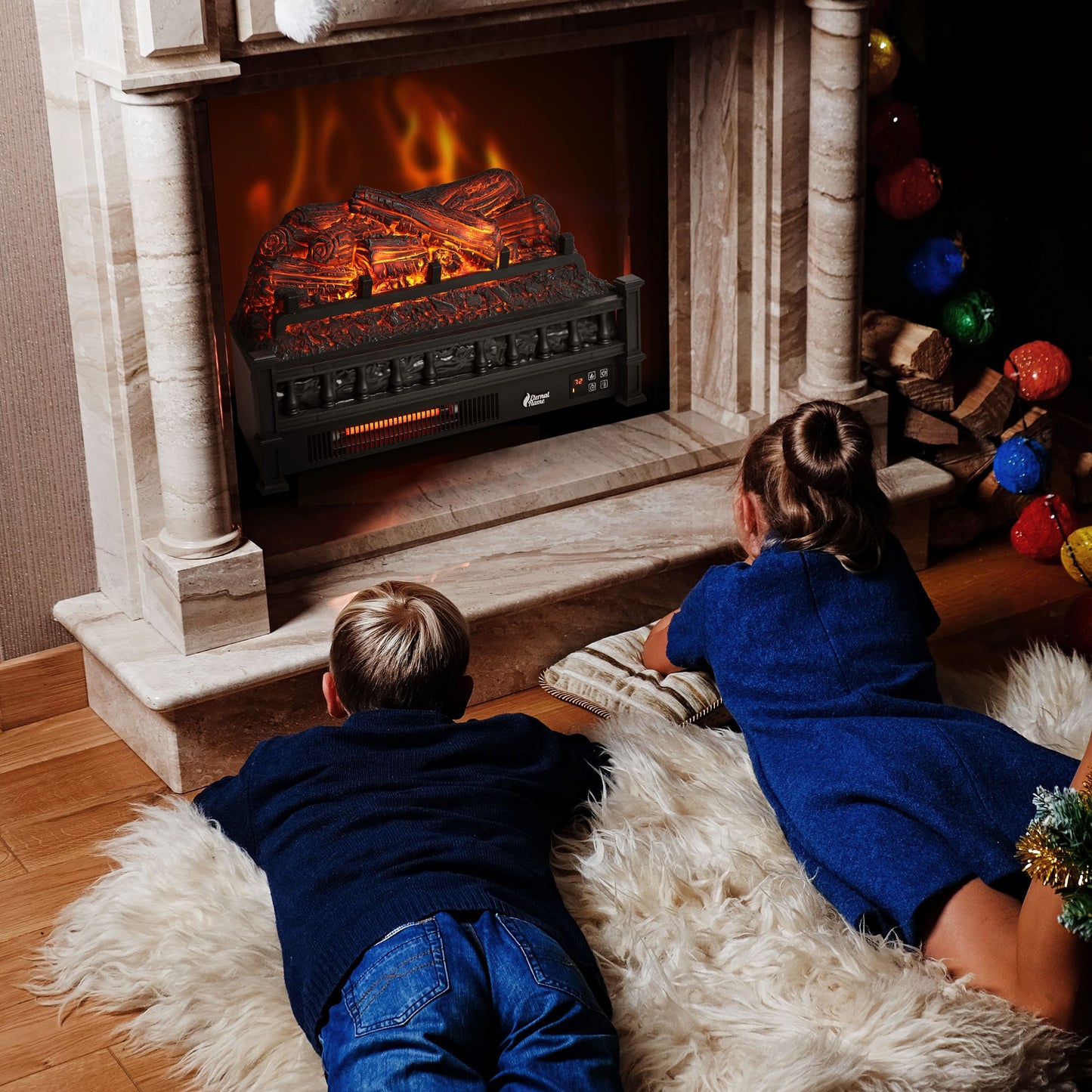 TURBRO Eternal Flame EF23-PB Electric Fireplace Logs, 23" Remote Control Fireplace Insert Log Heater, Realistic Pinewood Ember Bed, Thermostat, Timer, 1400W Black