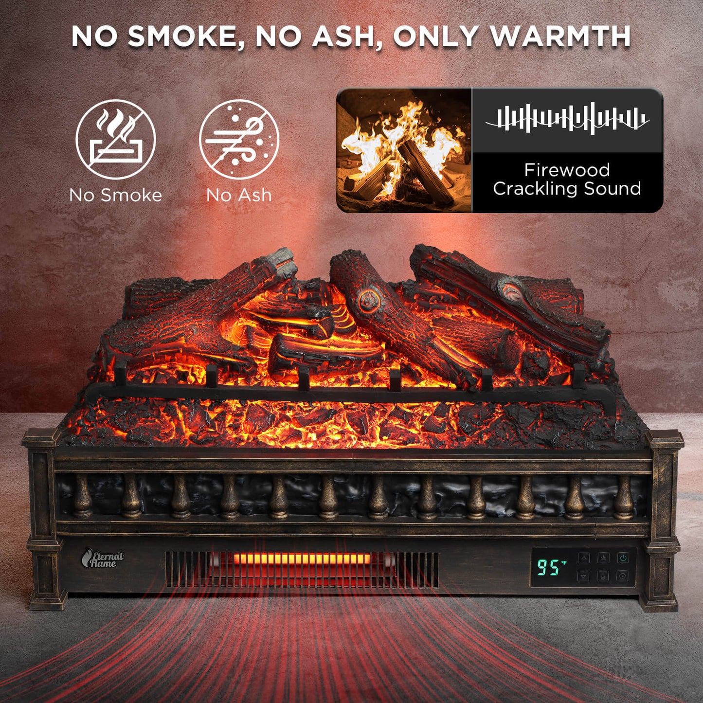 TURBRO Eternal Flame 26 in. WiFi Infrared Quartz Electric Fireplace Log Heater with Sound Crackling, Realistic Lemonwood Logs, Adjustable Flame Colors, Remote Control, Thermostat, Timer, EF26-LG 1500W