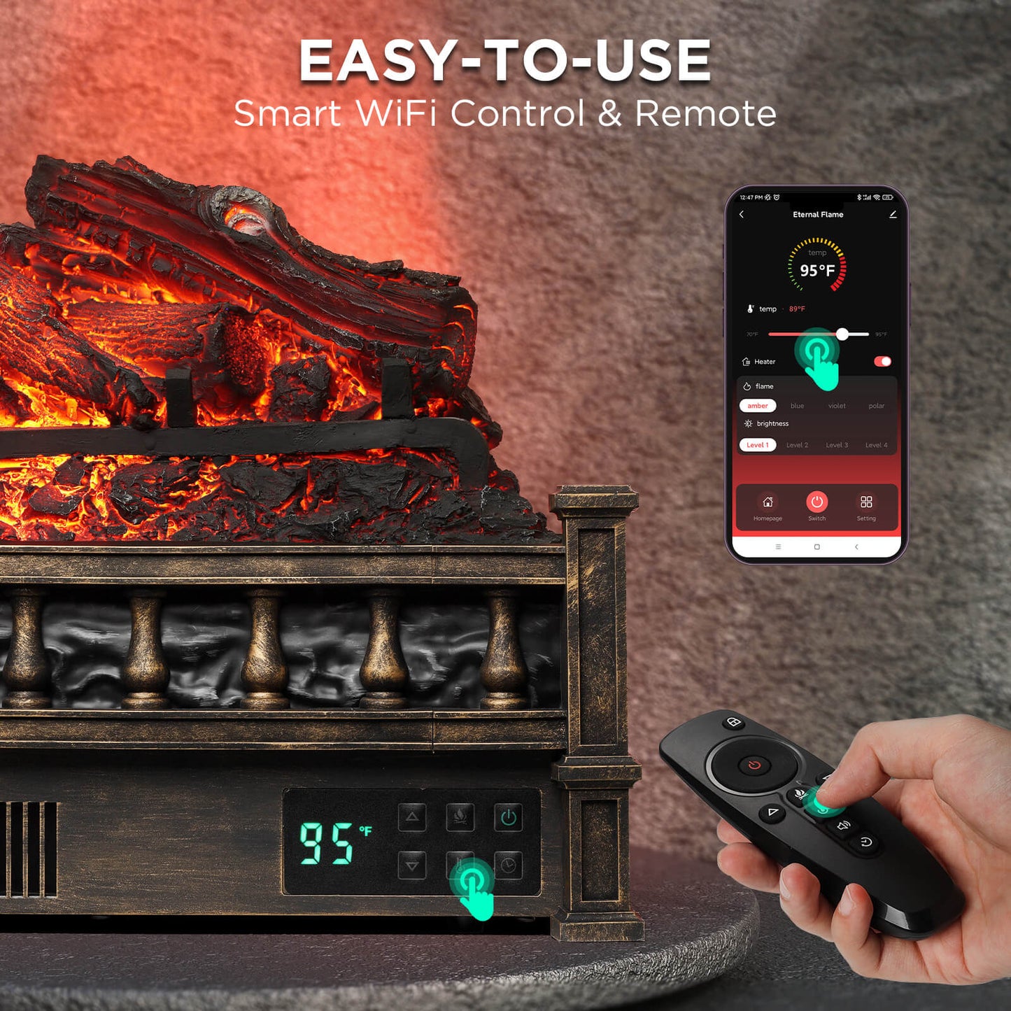 TURBRO Eternal Flame 26 in. WiFi Infrared Quartz Electric Fireplace Log Heater with Sound Crackling, Realistic Lemonwood Logs, Adjustable Flame Colors, Remote Control, Thermostat, Timer, EF26-LG 1500W