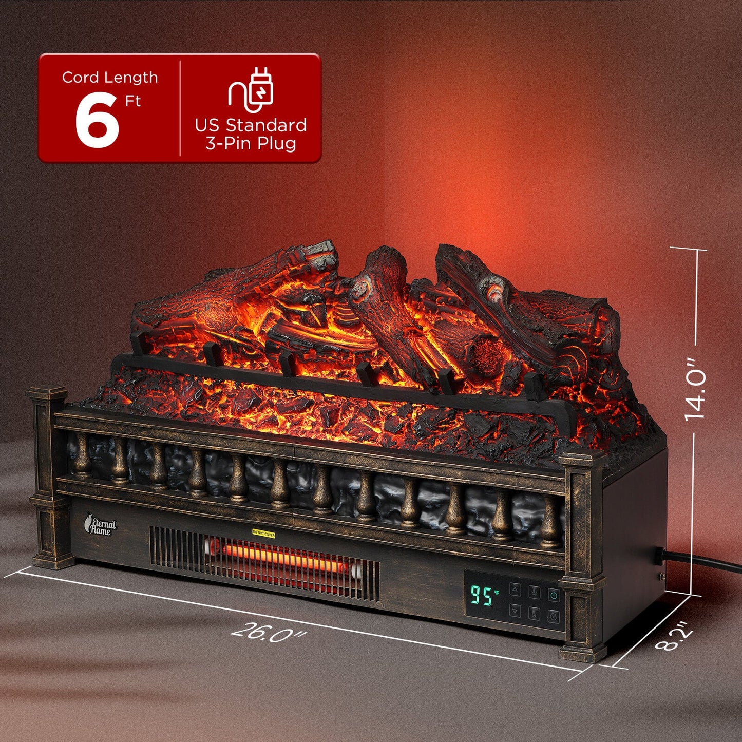 TURBRO Eternal Flame 26 in. WiFi Infrared Quartz Electric Fireplace Log Heater with Sound Crackling, Realistic Lemonwood Logs, Adjustable Flame Colors, Remote Control, Thermostat, Timer, EF26-LG 1500W