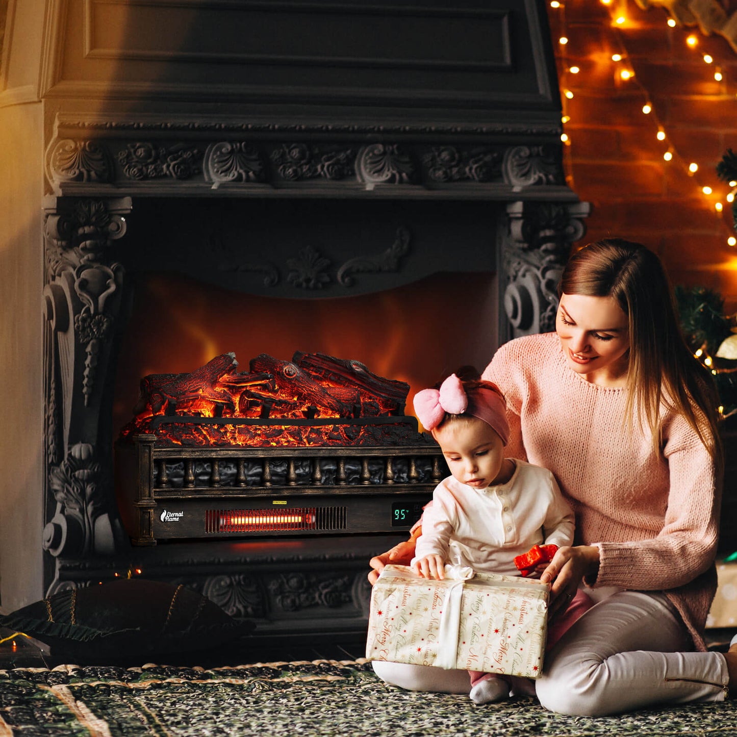 TURBRO Eternal Flame 26 in. WiFi Infrared Quartz Electric Fireplace Log Heater with Sound Crackling, Realistic Lemonwood Logs, Adjustable Flame Colors, Remote Control, Thermostat, Timer, EF26-LG 1500W