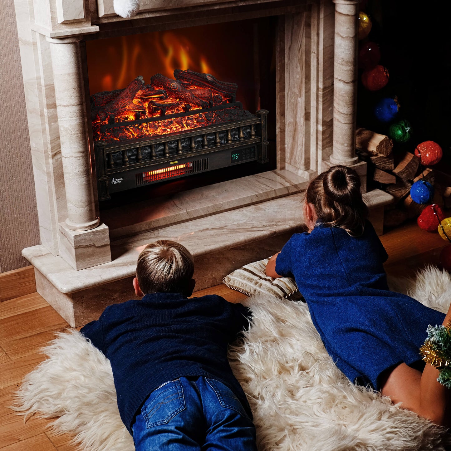TURBRO Eternal Flame 26 in. WiFi Infrared Quartz Electric Fireplace Log Heater with Sound Crackling, Realistic Lemonwood Logs, Adjustable Flame Colors, Remote Control, Thermostat, Timer, EF26-LG 1500W