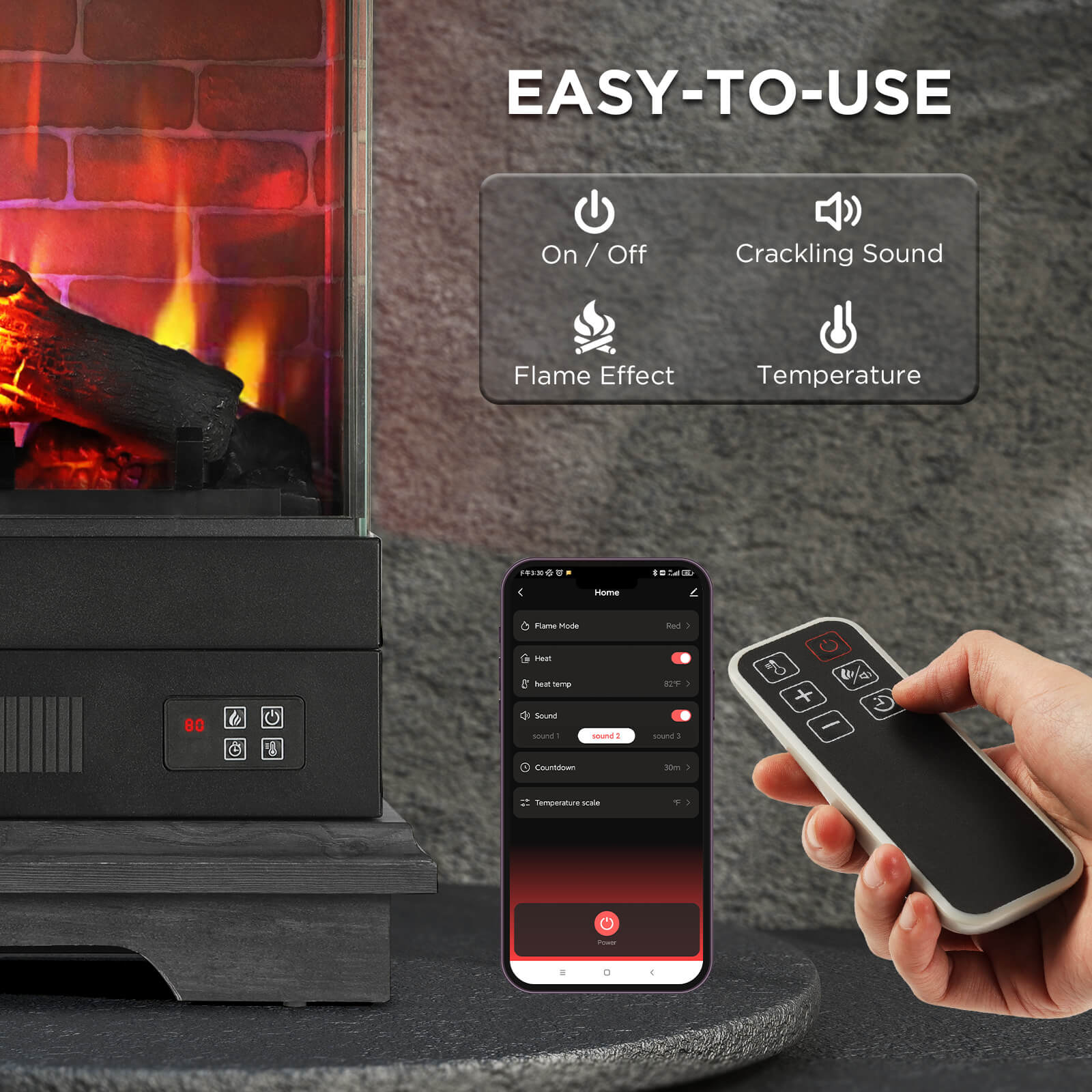 TURBRO Firelake 27 in. WiFi Electric Fireplace Heater with Sound Crackling - Freestanding Fireplace w/Mantel - 7 Adjustable Flame Effects, Overheating Protection, CSA Certified - 1400W, Black Walnut