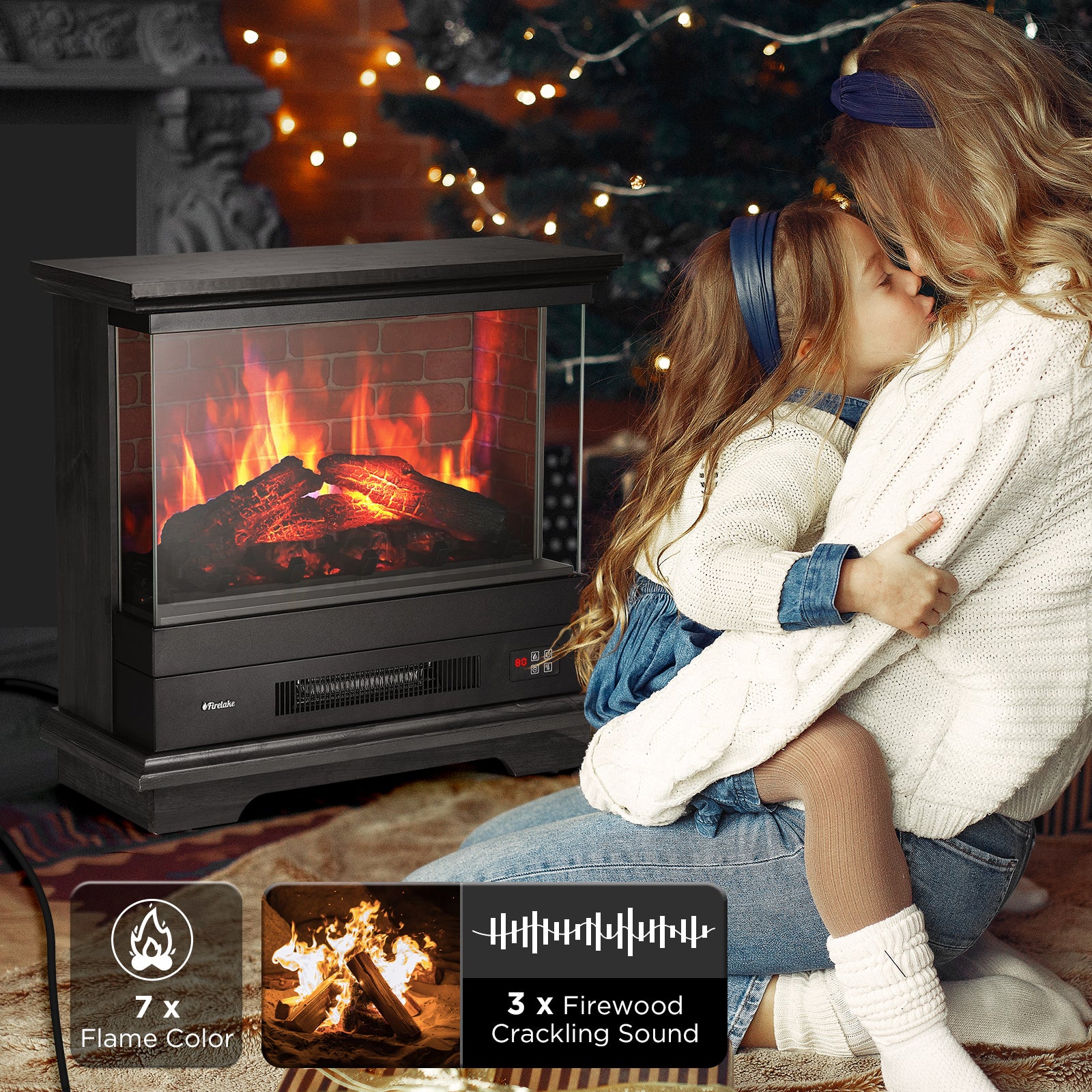 TURBRO Firelake 27 in. WiFi Electric Fireplace Heater with Sound Crackling - Freestanding Fireplace w/Mantel - 7 Adjustable Flame Effects, Overheating Protection, CSA Certified - 1400W, Black Walnut