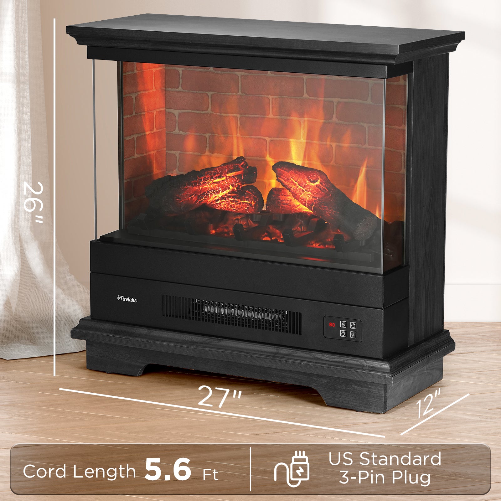TURBRO Firelake 27 in. WiFi Electric Fireplace Heater with Sound Crackling - Freestanding Fireplace w/Mantel - 7 Adjustable Flame Effects, Overheating Protection, CSA Certified - 1400W, Black Walnut