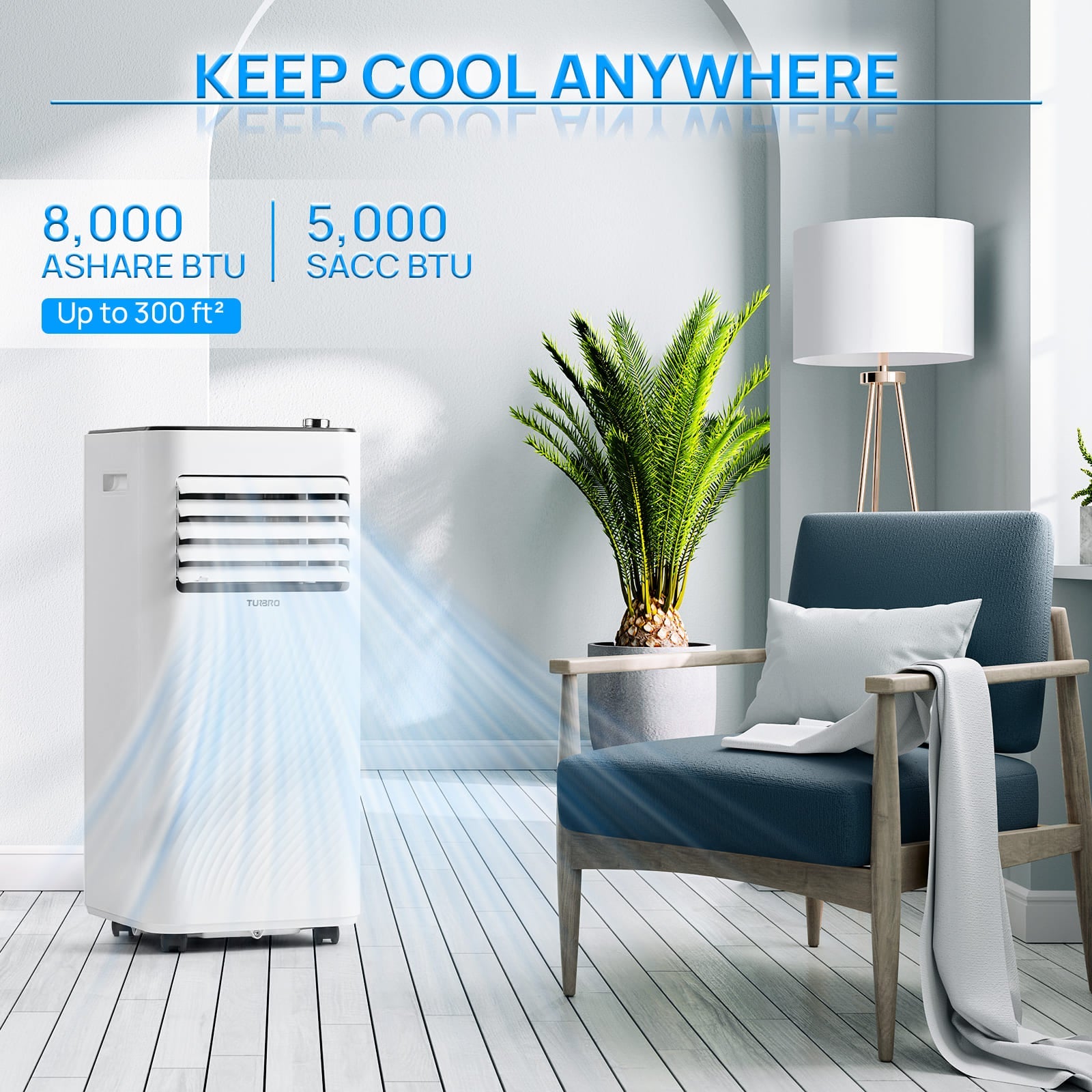 TURBRO Finnmark 8,000 BTU Portable Air Conditioner, Dehumidifier and Fan, 3-in-1 Floor AC Unit for Rooms up to 300 Sq Ft, Sleep Mode, Timer, Remote Included (5,000 BTU SACC)