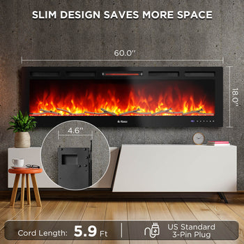 TURBRO 60” Smart WiFi Infrared Electric Fireplace with Sound Crackling and Realistic Flame, 1500W Quartz Heater, Recessed or Wall Mounted, Remote Control and App, in Flames ,view 2