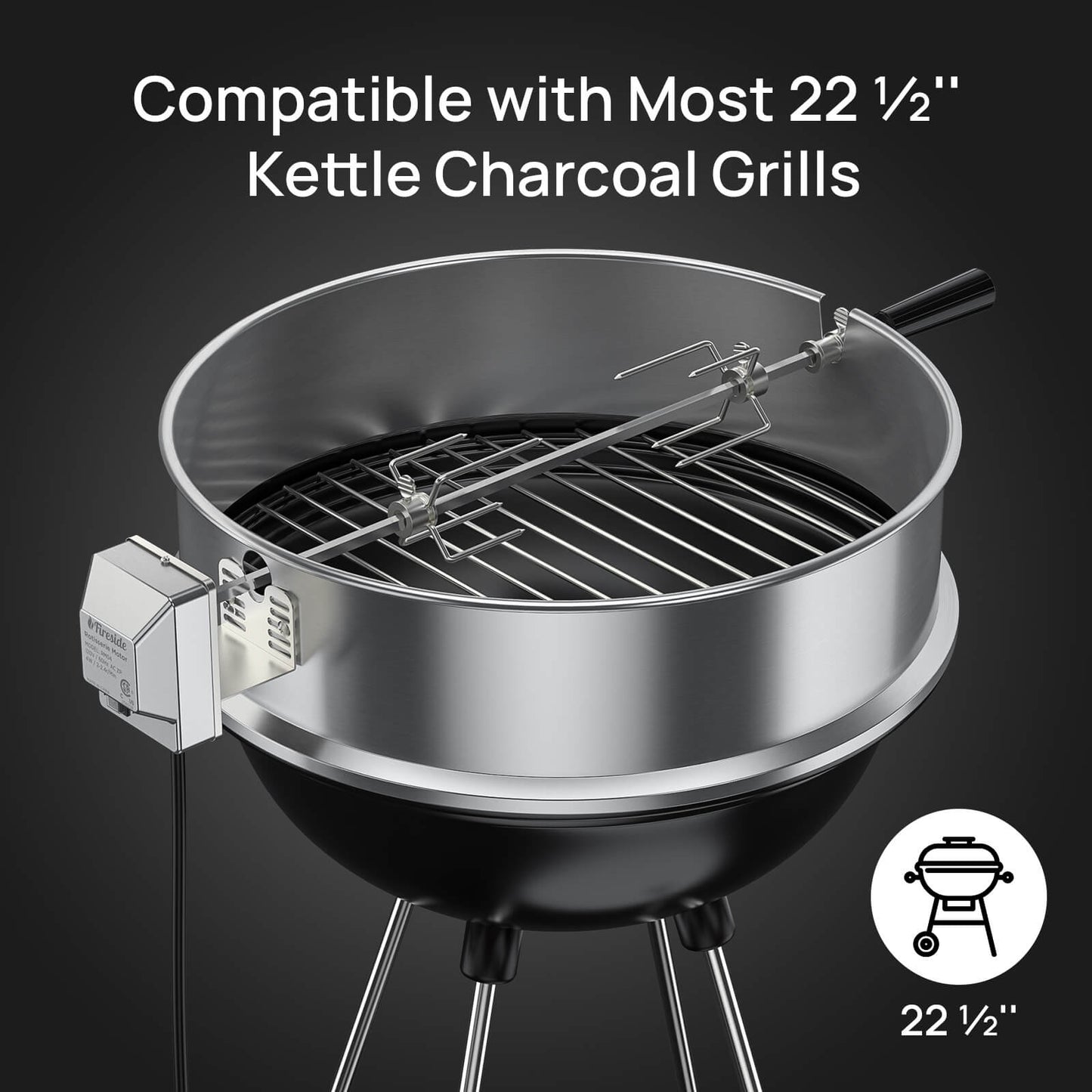TURBRO Stainless Steel Rotisserie Ring Kit for 22.5 Inch Charcoal Kettle Grill - Includes 4W Electric Motor, 5/16" Square Spit Rod, Meat Forks, Counterweight - Ideal for Outdoor BBQ and Gatherings