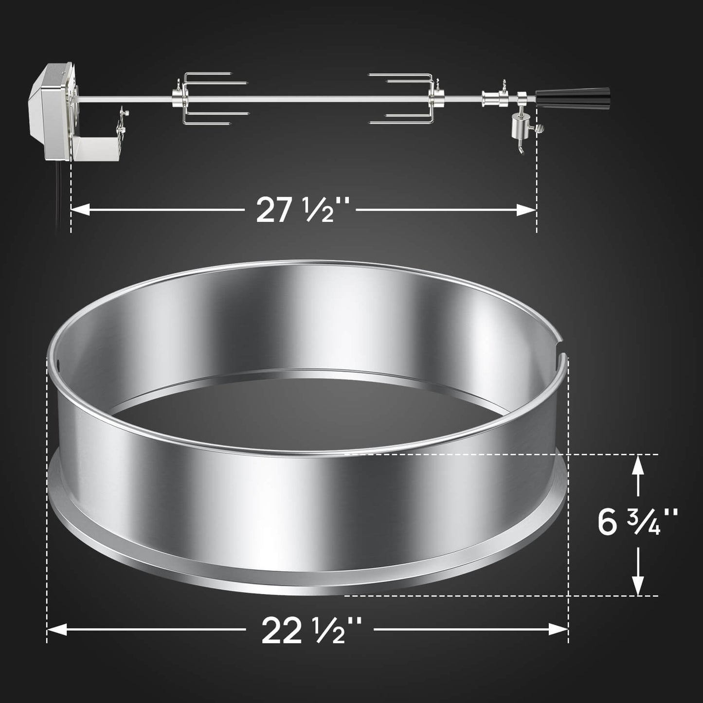 TURBRO Stainless Steel Rotisserie Ring Kit for 22.5 Inch Charcoal Kettle Grill - Includes 4W Electric Motor, 5/16" Square Spit Rod, Meat Forks, Counterweight - Ideal for Outdoor BBQ and Gatherings