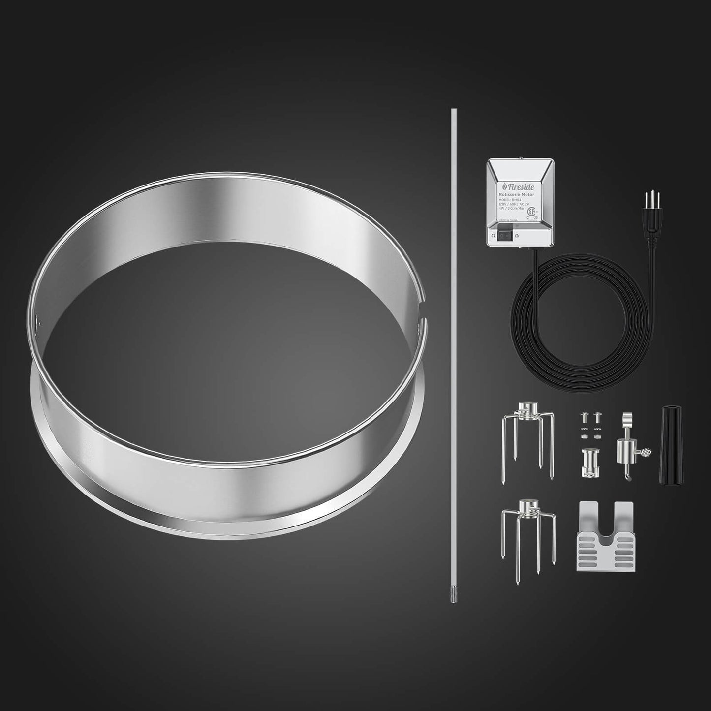 TURBRO Stainless Steel Rotisserie Ring Kit for 22.5 Inch Charcoal Kettle Grill - Includes 4W Electric Motor, 5/16" Square Spit Rod, Meat Forks, Counterweight - Ideal for Outdoor BBQ and Gatherings