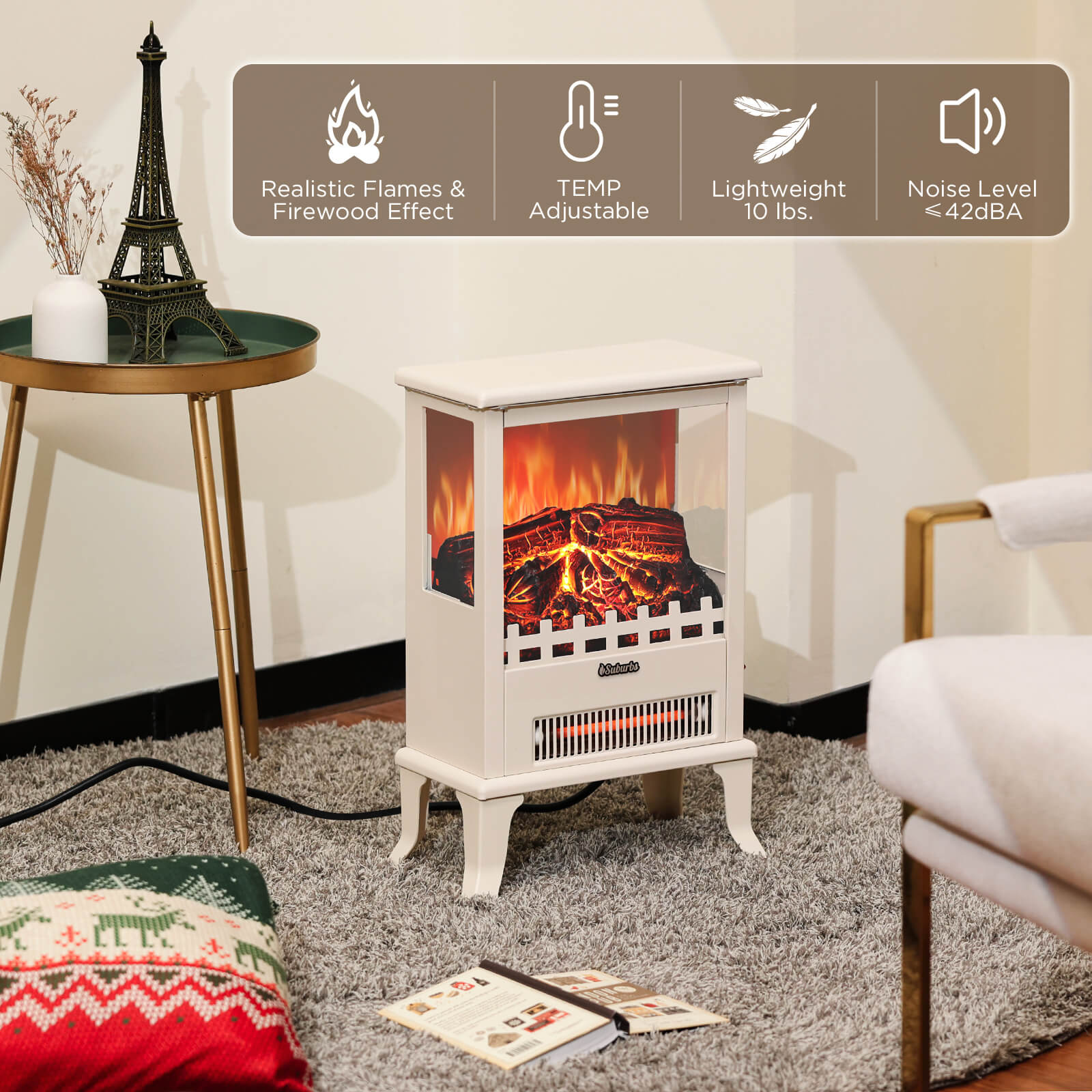 TURBRO Suburbs TS17Q Infrared Electric Fireplace Stove, 19" Freestanding Stove Heater with 3-Sided View, Realistic Flame, Overheating Protection, CSA Certified, for Small Spaces, Bedroom - 1500W