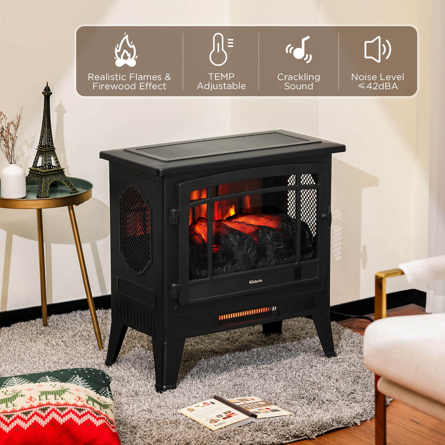 TURBRO Suburbs 25" WiFi Electric Fireplace Infrared Heater with Crackling Sound, Freestanding Fireplace Stove with Adjustable Flame Effects, Overheating Protection, Timer, Remote Control 1400W, Black