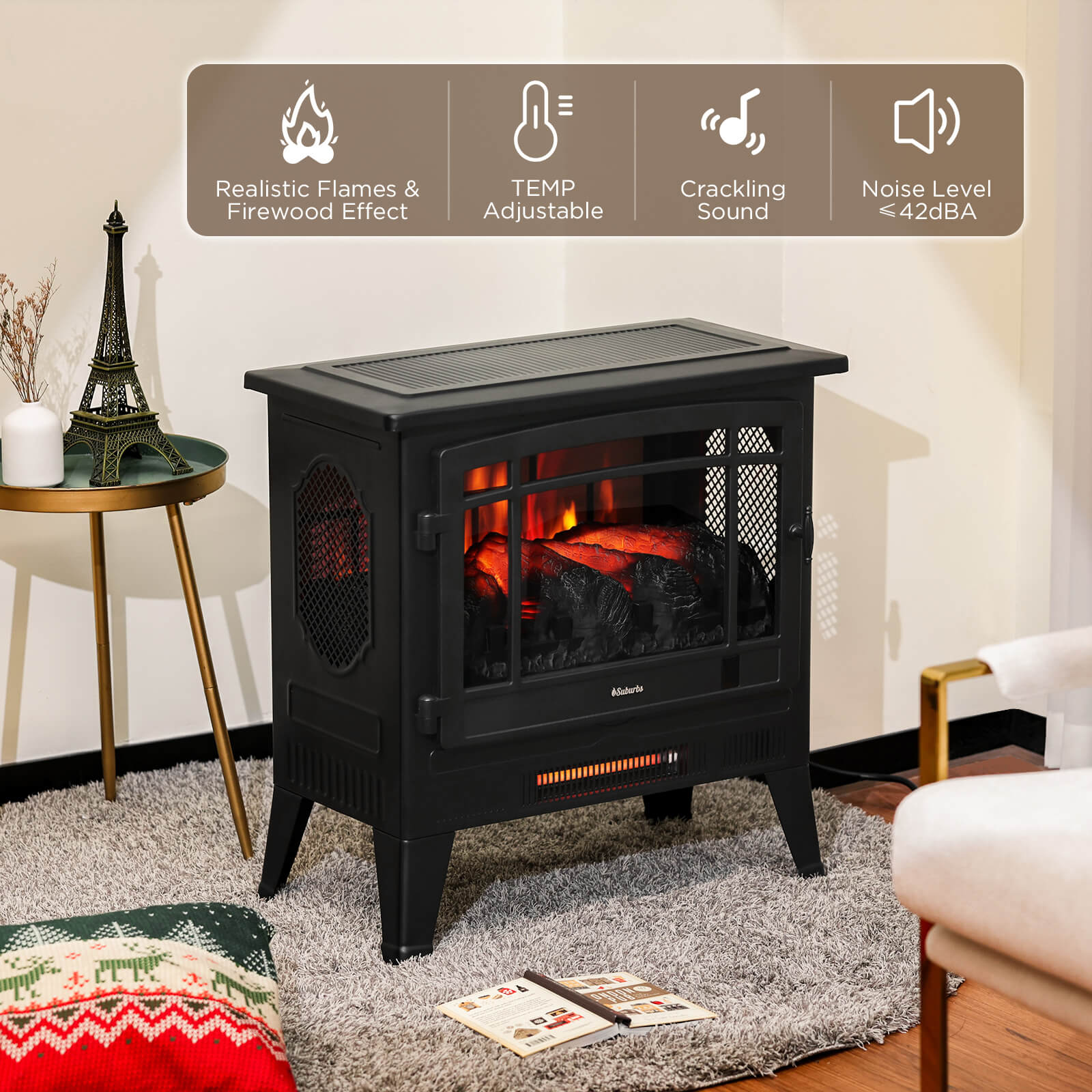 TURBRO Suburbs 25" WiFi Electric Fireplace Infrared Heater with Crackling Sound, Freestanding Fireplace Stove with Adjustable Flame Effects, Overheating Protection, Timer, Remote Control 1400W, Black