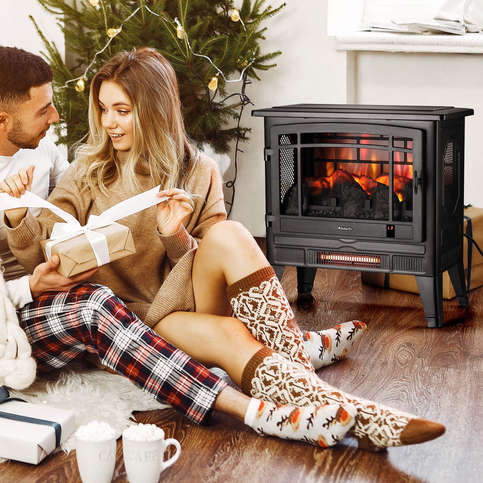 TURBRO Suburbs 25" WiFi Electric Fireplace Infrared Heater with Crackling Sound, Freestanding Fireplace Stove with Adjustable Flame Effects, Overheating Protection, Timer, Remote Control 1400W, Black