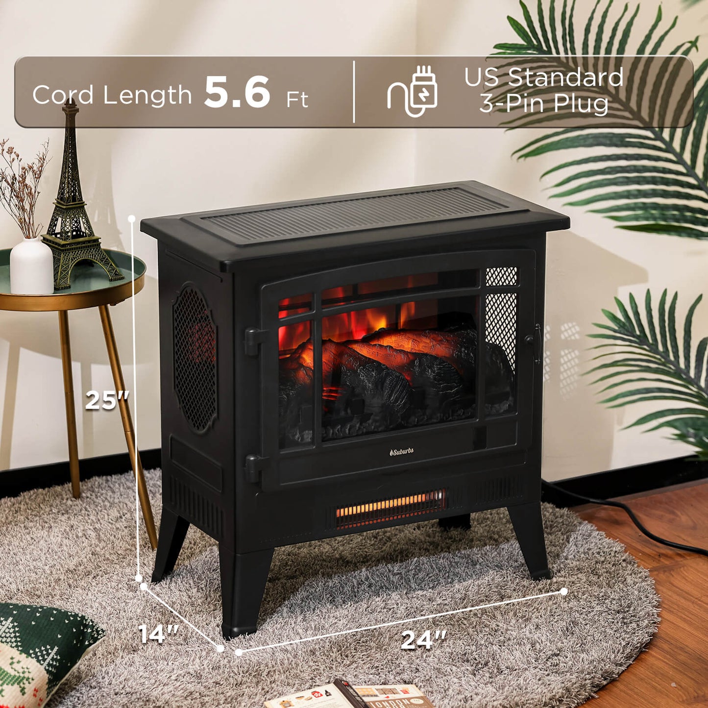 TURBRO Suburbs 25" WiFi Electric Fireplace Infrared Heater with Crackling Sound, Freestanding Fireplace Stove with Adjustable Flame Effects, Overheating Protection, Timer, Remote Control 1400W, Black