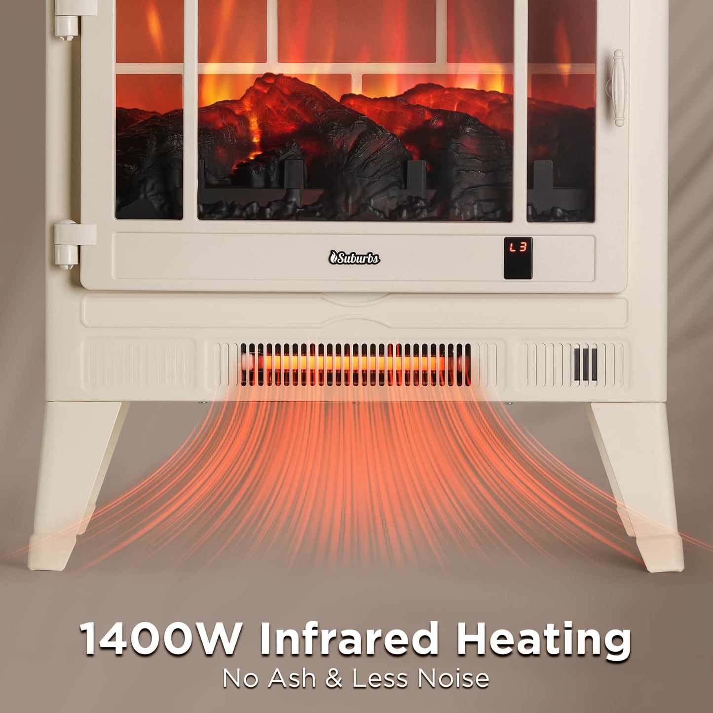 TURBRO Suburbs 25" WiFi Electric Fireplace Infrared Heater with Crackling Sound, Freestanding Fireplace Stove with Adjustable Flame Effects, Overheating Protection, Timer, Remote Control 1400W, Ivory