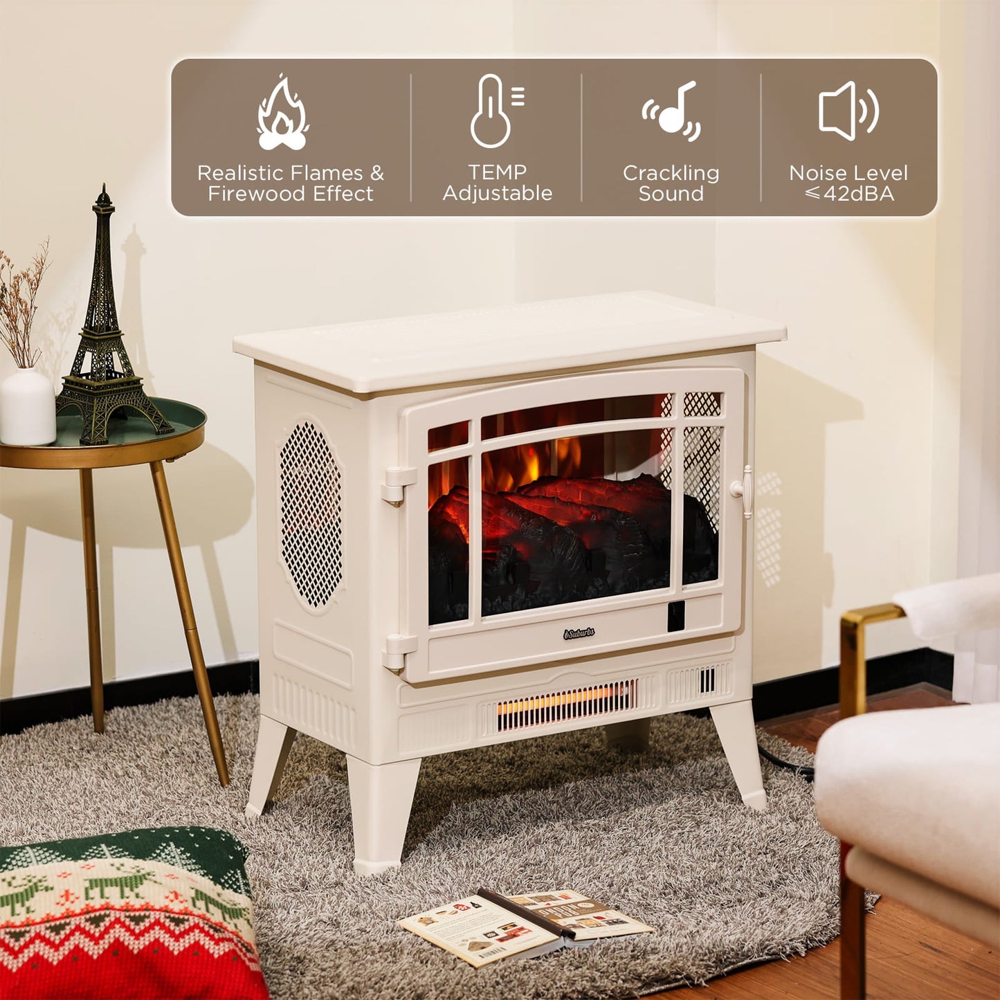 TURBRO Suburbs 25" WiFi Electric Fireplace Infrared Heater with Crackling Sound, Freestanding Fireplace Stove with Adjustable Flame Effects, Overheating Protection, Timer, Remote Control 1400W, Ivory